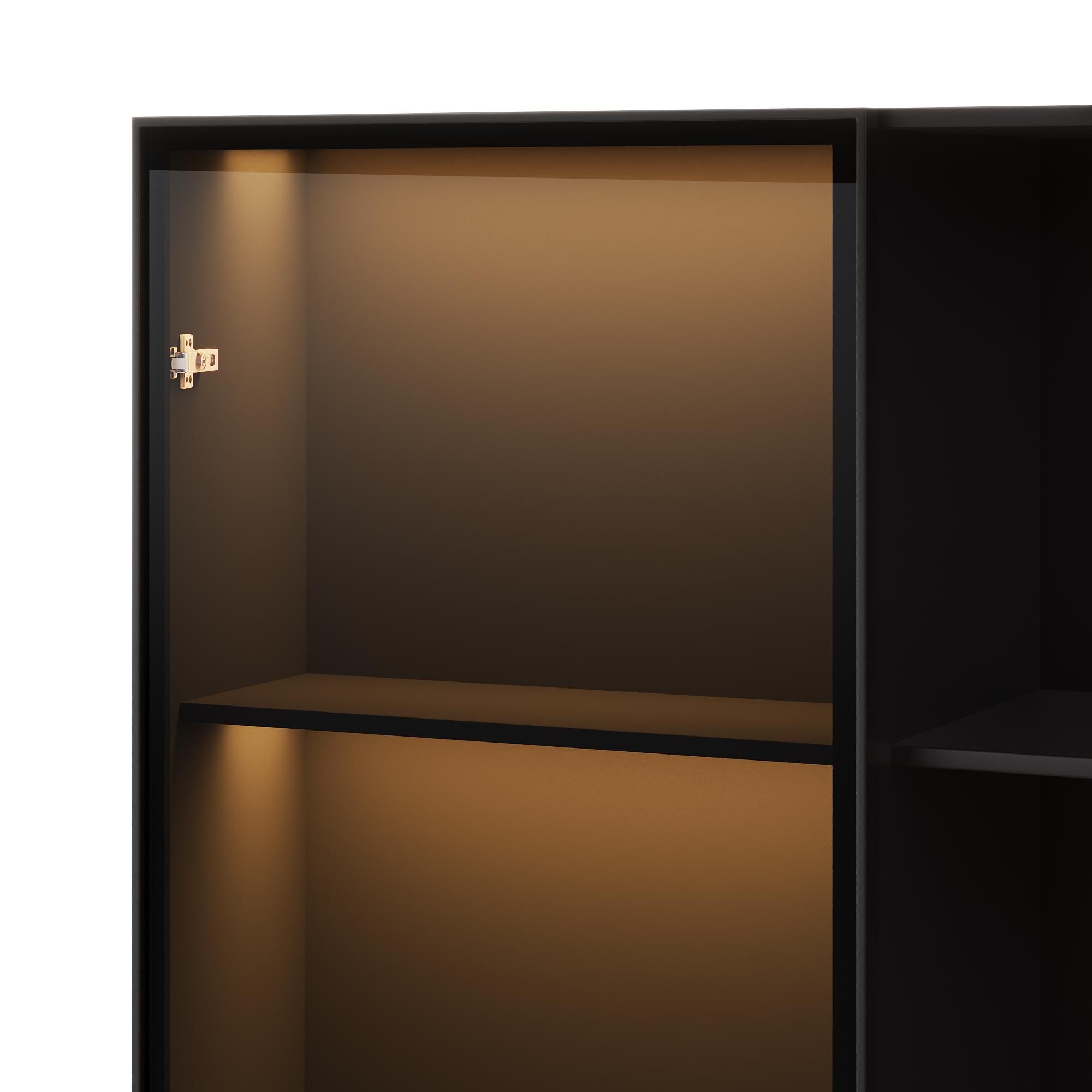 Merax Glasvitrine mit 3 Schubladen, Regalen, Glastür, Stehend Vitrinenschrank mit FLED-Licht, Hochschrank, Badezimmerschrank, 80x40x160cm, Schwarz
