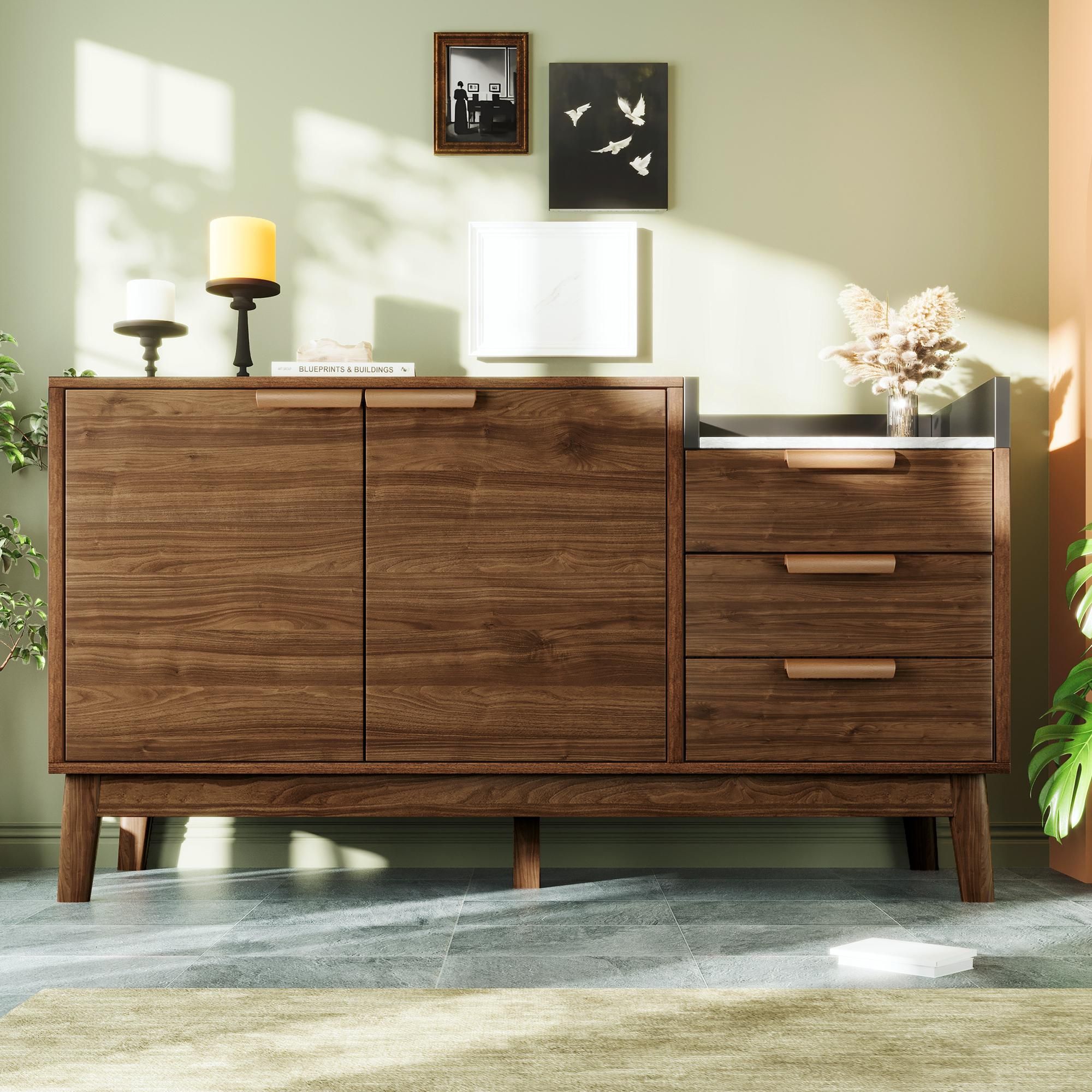 Flieks Kommode Wohnzimmerschrank mit Schubladen und offenem Staufach, Anrichte Sideboard mit Tür und verstellbaren Einlegeböden, Oak