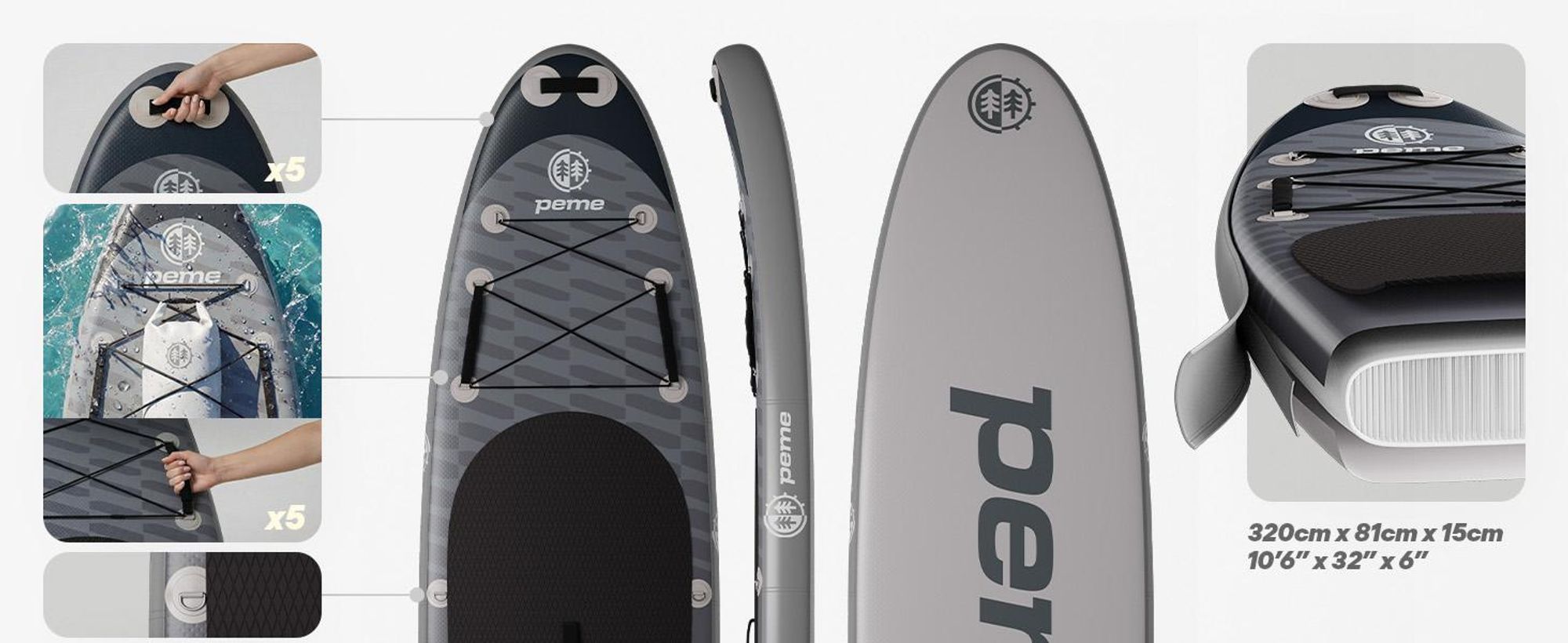 PEME Stand Up Paddle Board – Dark Sky – 350 cm – dvojité pádlo a kompletné príslušenstvo, SUP, nafukovacia surfová doska – sivá a čierna