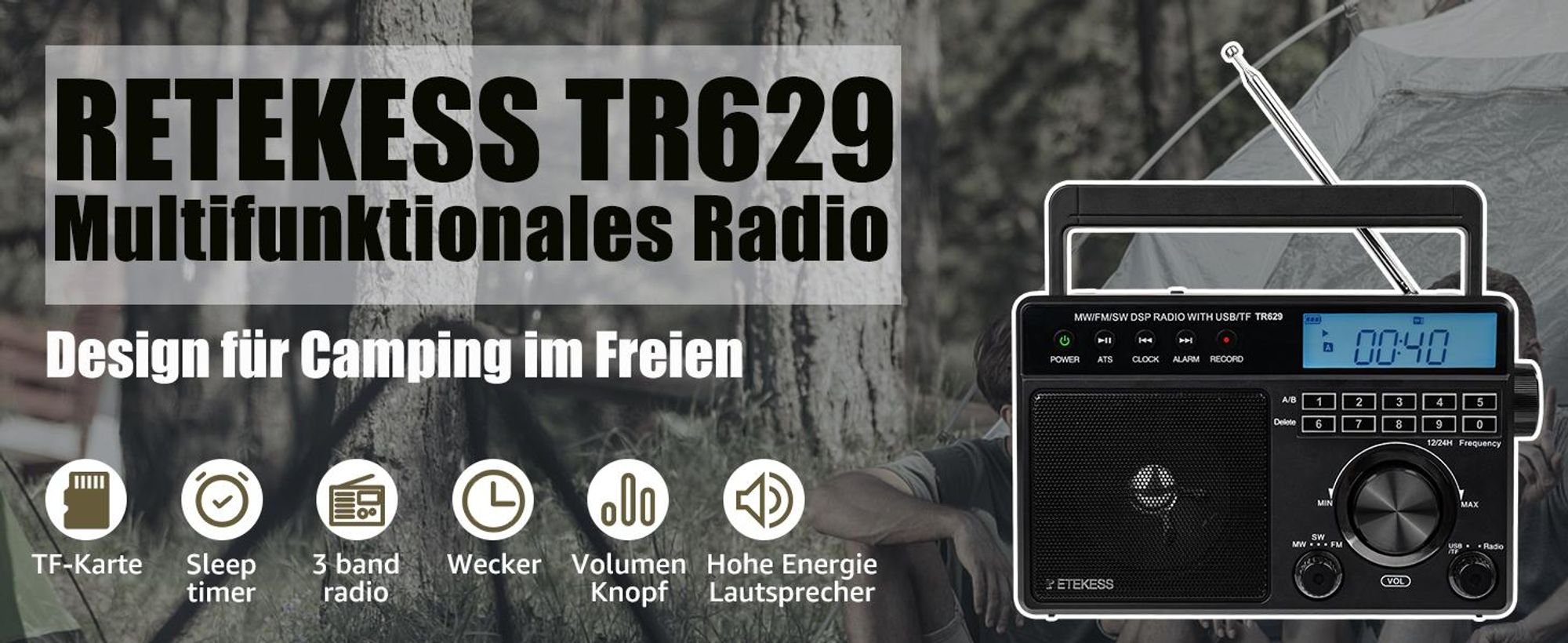 Retekess TR629 Tragbares Radio, AM FM SW Weltempfänger Notfallradiomit DSP, Unterstützt U Disk/SD-Karte, Uhr, Wecker, Radio Batteriebetrieben, Geschenke für ältere Menschen
