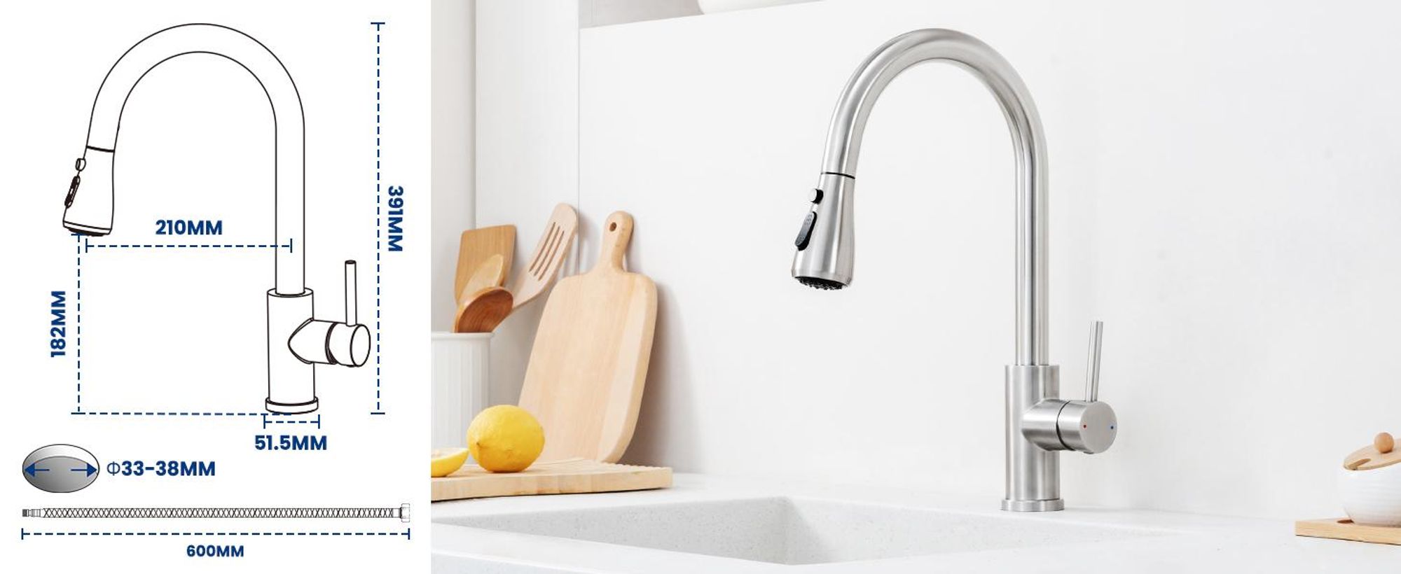 Wasserhahn Küche Ausziehbar mit Brause, 360° Drehbar Hoher Auslauf Küchenarmatur Gebürstet, 304 Edelstahl Spültischarmatur, Cecipa, DVGW