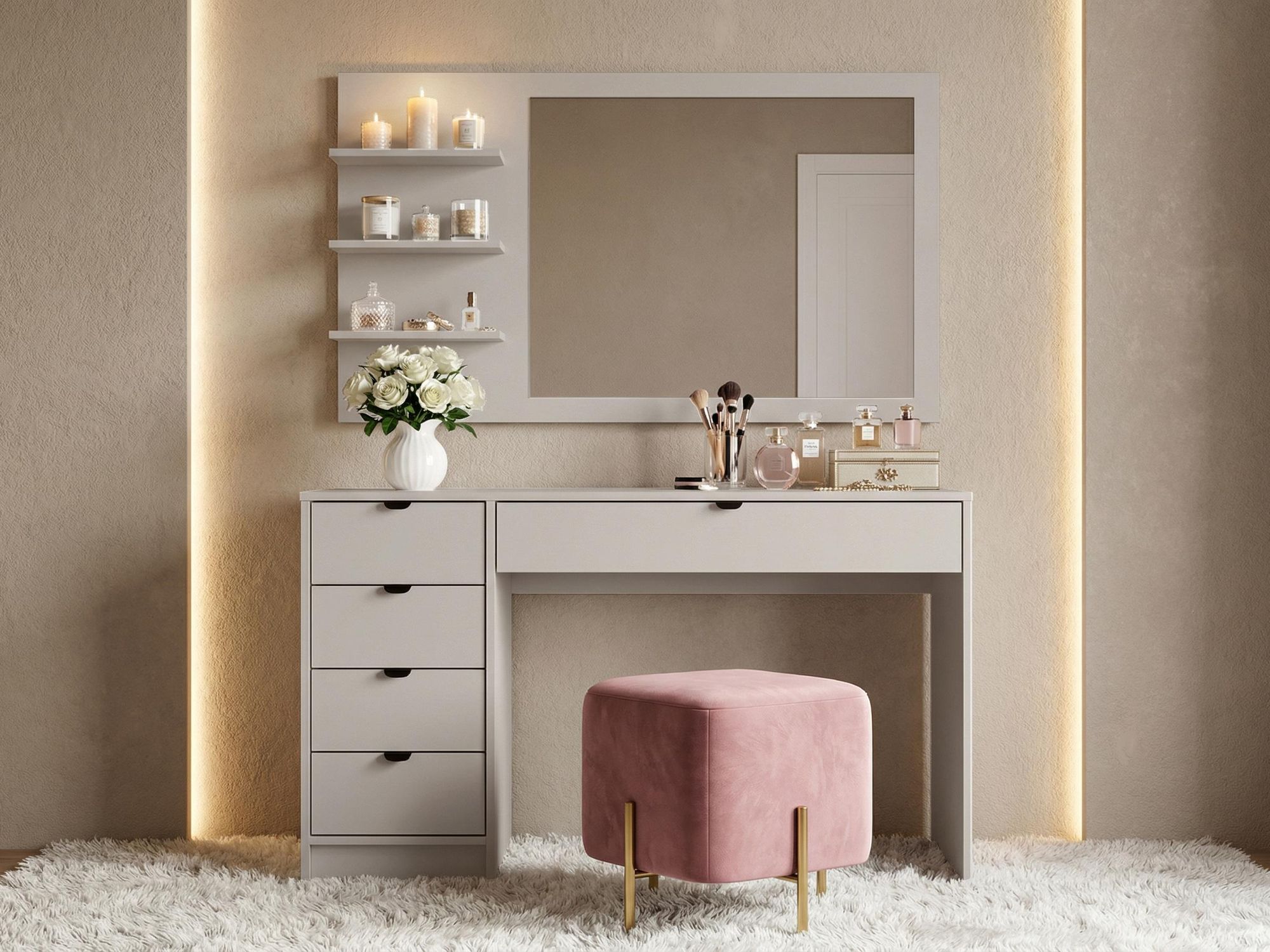 BEAUTYSOFA | Schminktisch MALTA Kaschmir 120 cm mit Spiegel und 5 Schubladen – rechts oder links montierbar, Moderner Frisiertisch, mit Griffe