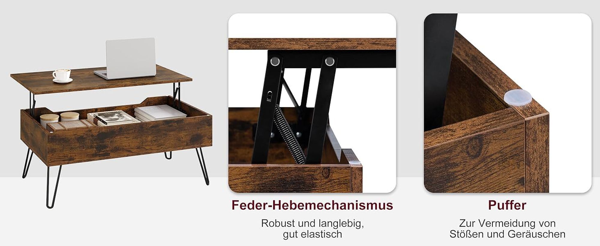 WOLTU Couchtisch, Kaffeetisch mit verstecktem Stauraum, Metallbeine, Rustikales Braun