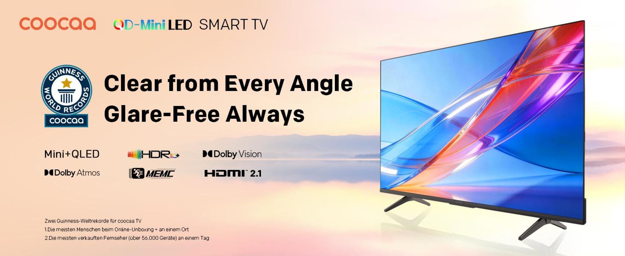 coocaa 55 Zoll Fernseher QD-Mini LED TV, 4K Smart TV mit Google TV, Entspiegeltes Display, HDR10+