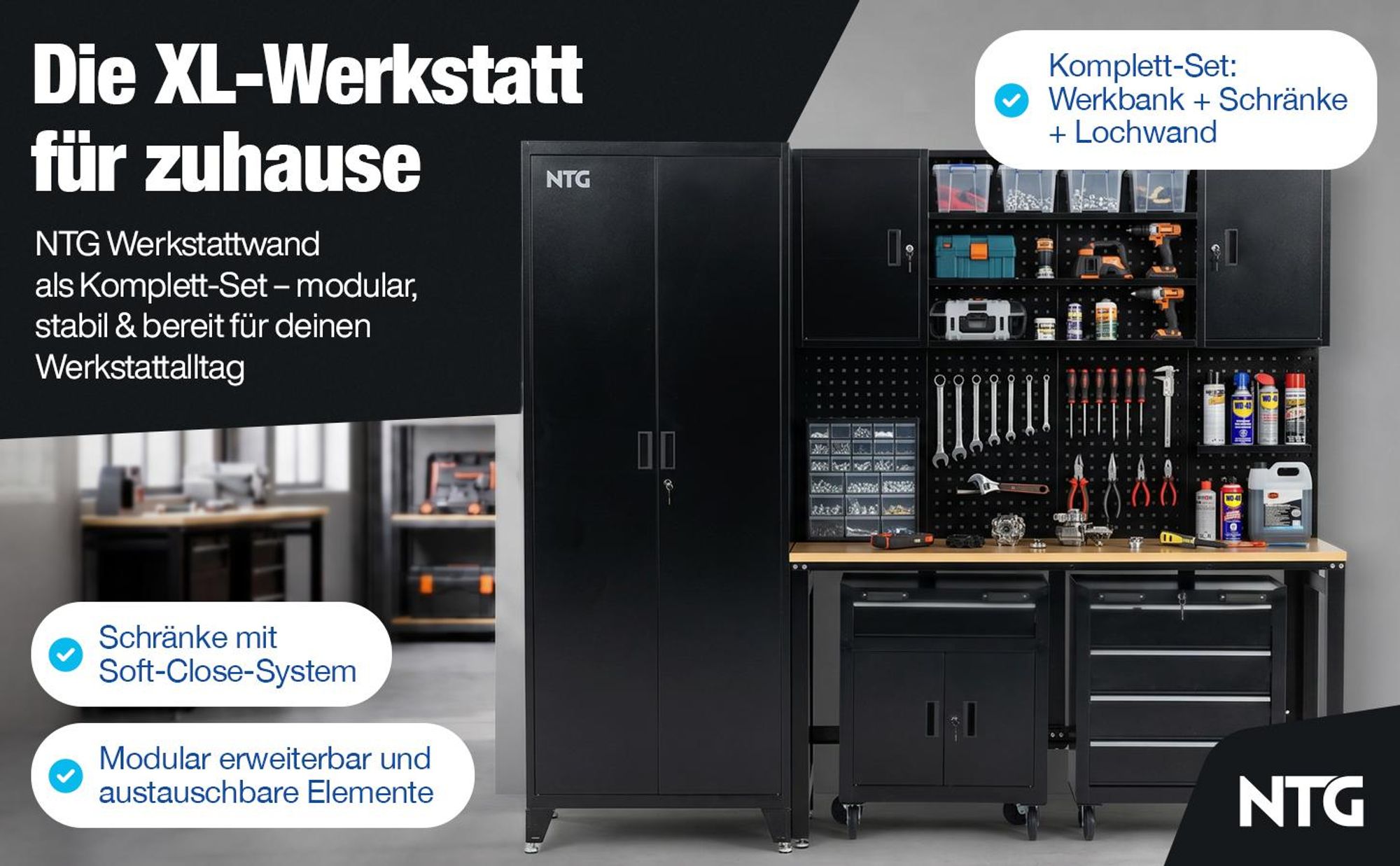 XL Werkstattwand Komplett-Set 210 cm – Modulares Werkstattsystem mit 25 mm Holzarbeitsplatte, Werkzeugschränken, Lochwand & Werkbank, 200 kg Traglast