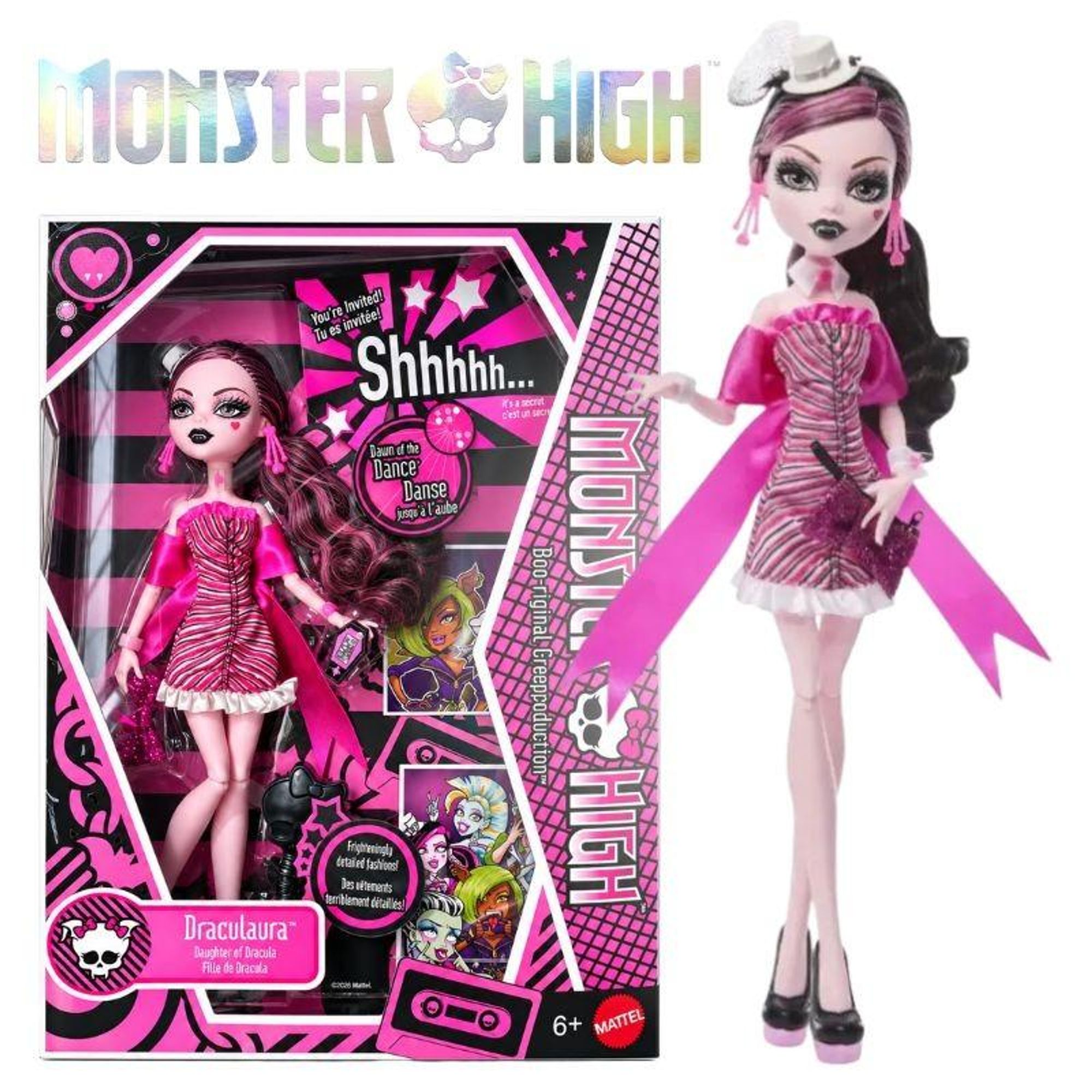 Monster High Mitternachtsparty Puppe, Draculaura Neuauflage mit Zubehörteilen wie Fotos und einer Einladung, Modepuppe, Weiblich, 6 Jahr(e), Junge/Mädchen, 285,7 mm, Mehrfarbig
