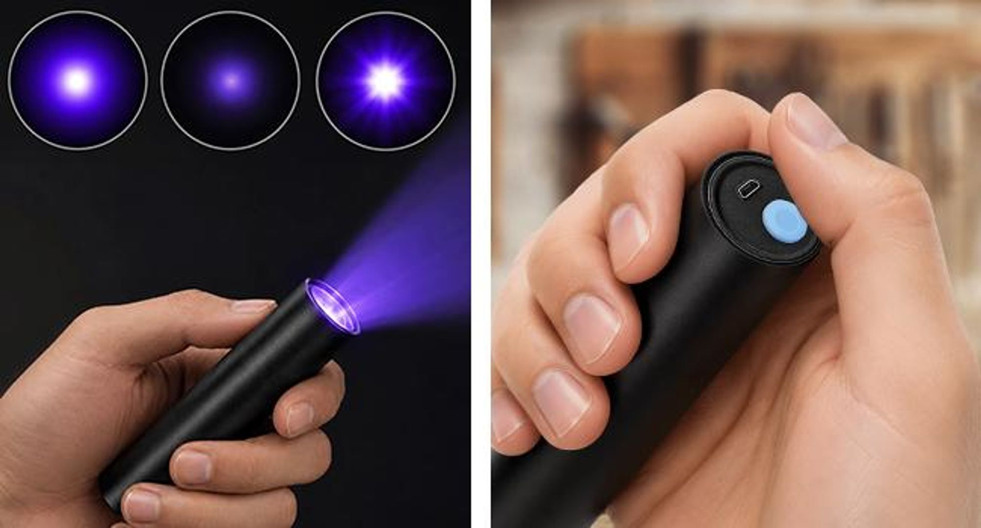 KRUMAD UV Taschenlampe, Schwarzlicht Lampe, Mini UV Lampe, UV LED Stiftlampe, wiederaufladbar, USB, mit Handschlaufe, Schwarz