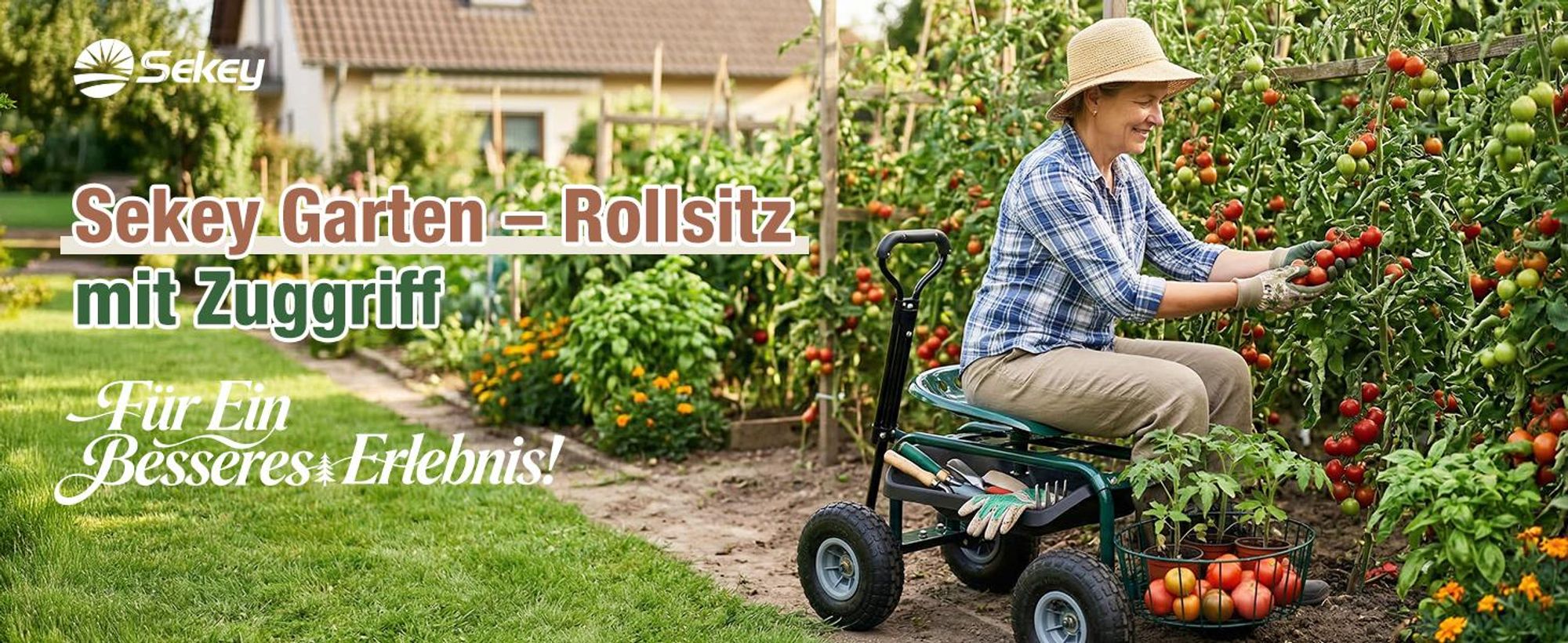Sekey Kniebank Rollsitz Garten 360 Grad Drehbar Luftreifen Gartensitz Erntehilfe bis 180kg Belastbar Gartenhocker Griff Ablage für Gewächshaus