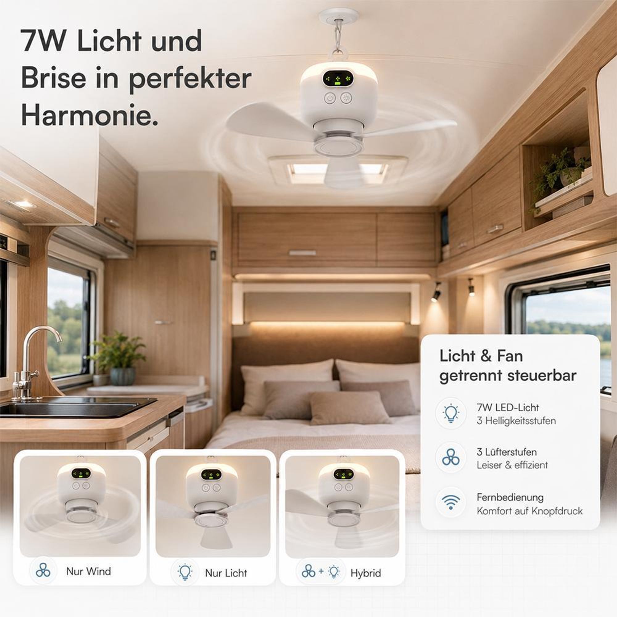 Ø27cm Mobiler Akku Deckenventilator mit Licht 8000mAh USB-C Ventilator 4 Stufen & Timer Tragbarer Zeltventilator für Camping RV Outdoor & Wohnmobil