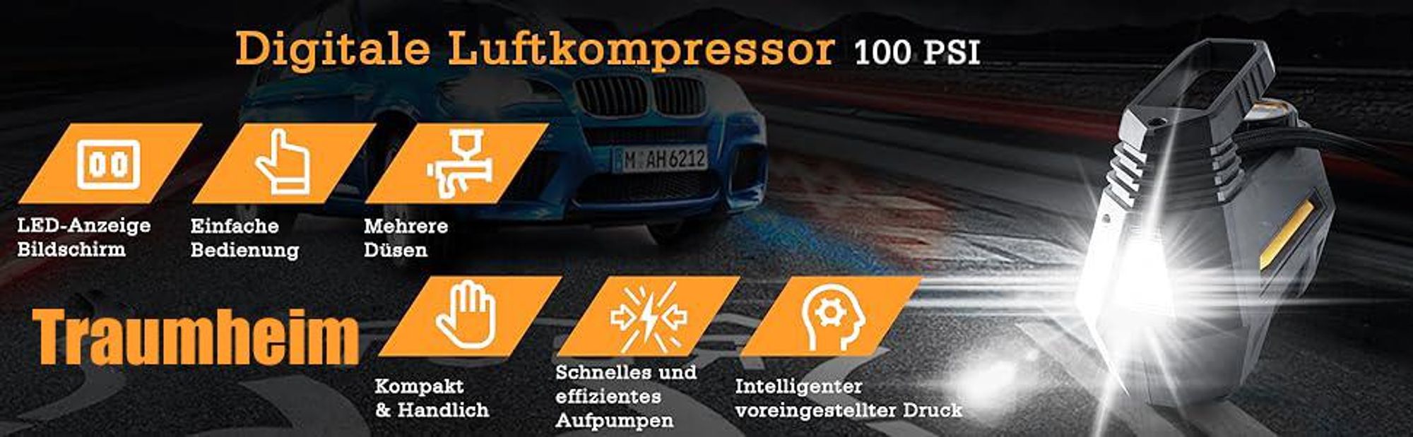 Autoluftpumpe, Elektrischer Luftkompressor, Tragbarer Kofferkompressor, Digitaler Anzeige, 12V Netz für Auto, Fahrrad, Motorrad, Ball, inkl. Zubehör
