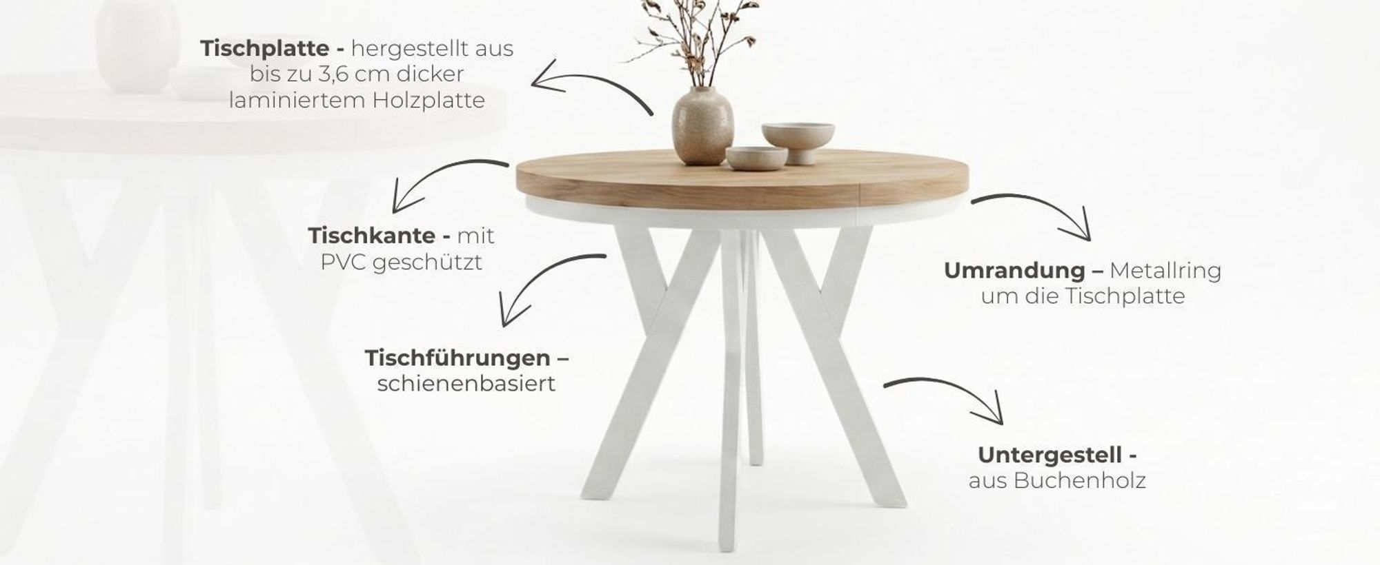 Runder Ausziehbarer Tisch für Esszimmer, PERO, Loft-Stil, Skandinavische, Durchmesser: 100 / 150 cm, Farbe: Kaschmir / Weiß