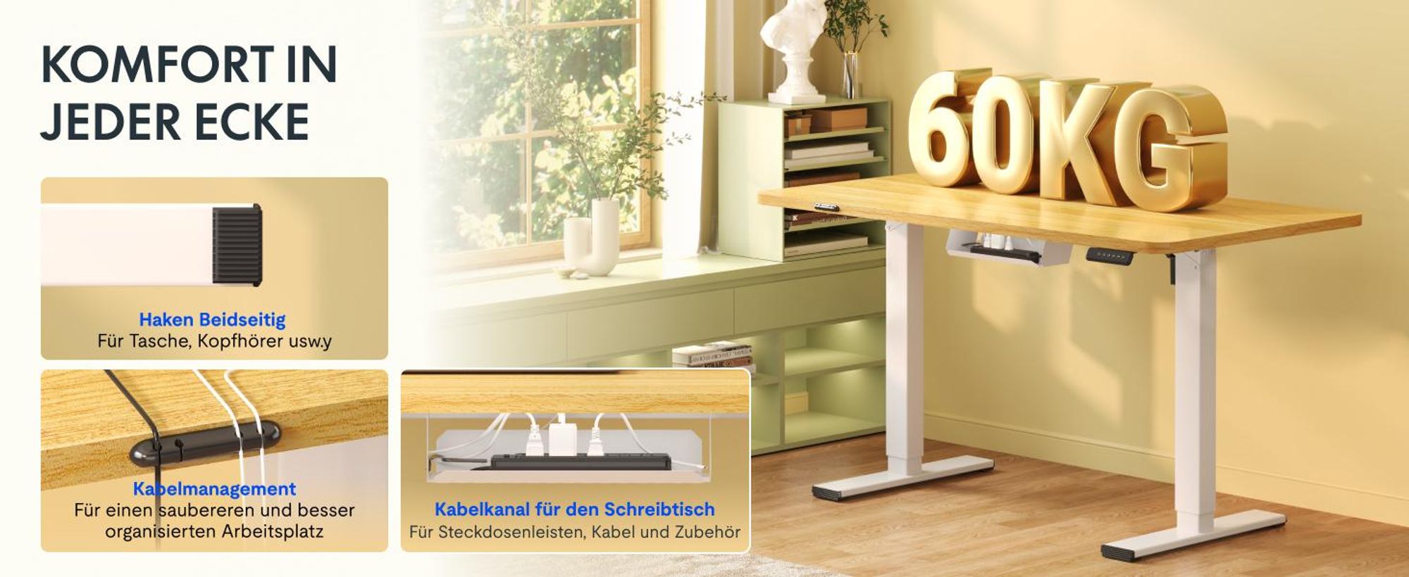 FLEXISPOT EN1 Höhenverstellbarer Schreibtisch 100x60cm elektrisch mit einteiliger Tischplatte, Kabelmanagement & Ablagefach, 4 Memory-Funktion (Ahorn)
