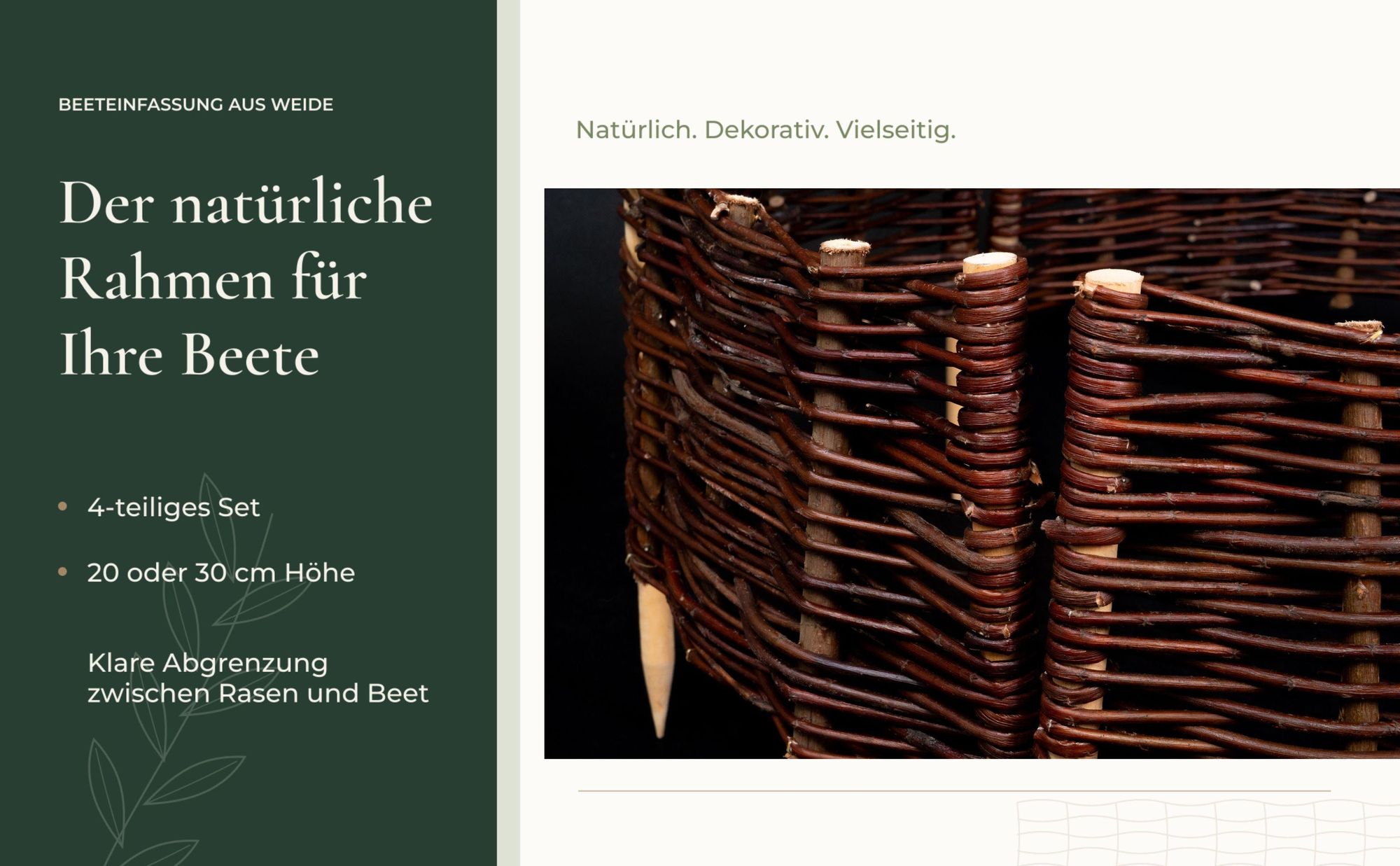 4er Set Beetbegrenzung aus Weide 45x20 cm Runde Beeteinfassung Weidenzaun zur Baumumrandung Gartenpalisade