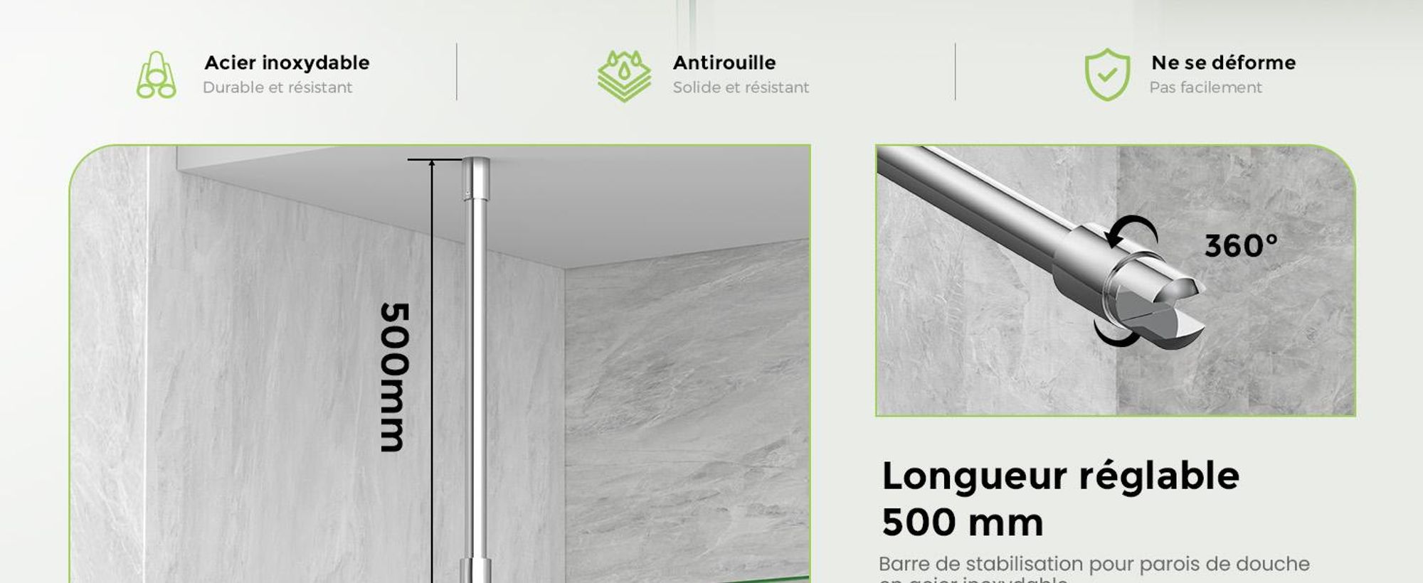 S'AFIELINA Barre de stabilisation de douche en inox, ronde, réglable (longueur), pour verre 6-10 mm, aussi pour plafond, idéale pour les parois de douche,1 pièce