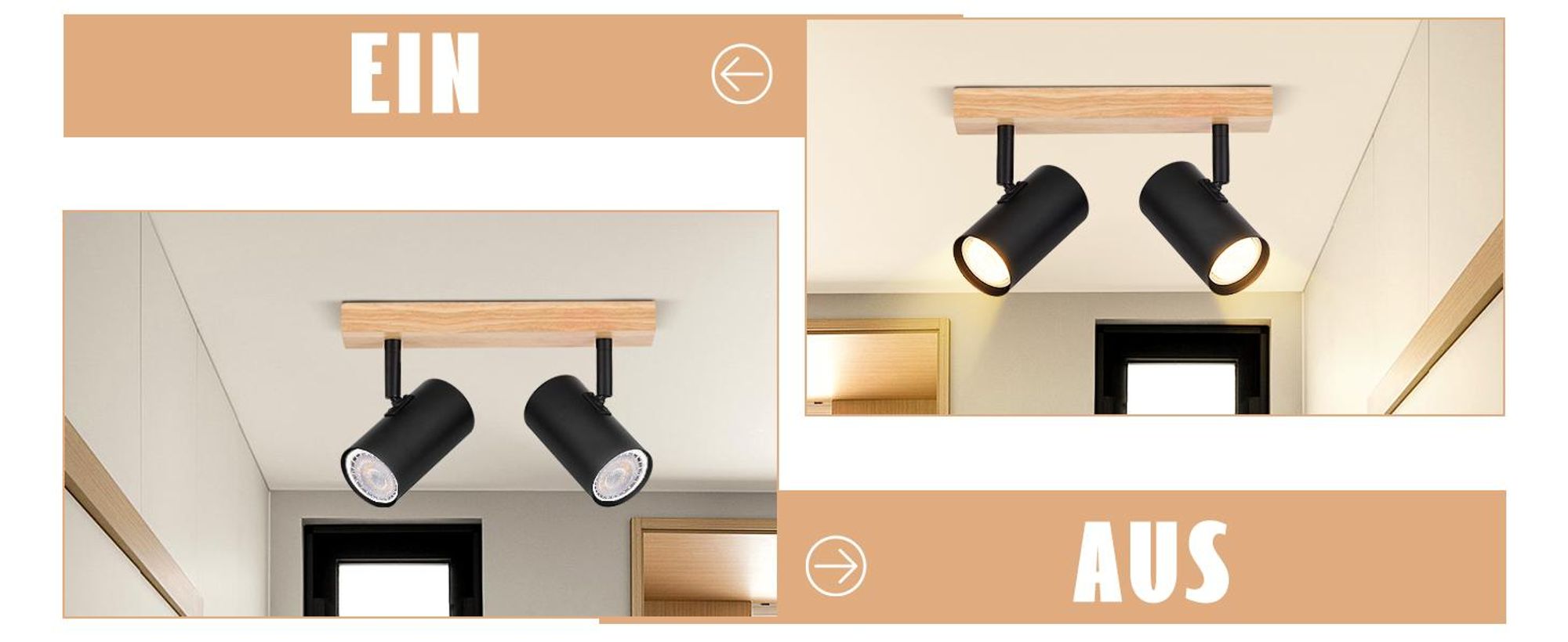ZMH Deckenleuchte Schwarz Deckenstrahler 2 Flammig Holz Deckenlampe GU10 Deckenspots Schwenkbar 350° Spotslight für Wohnzimmer Schlafzimmer Küchen Korridor Esszimmer