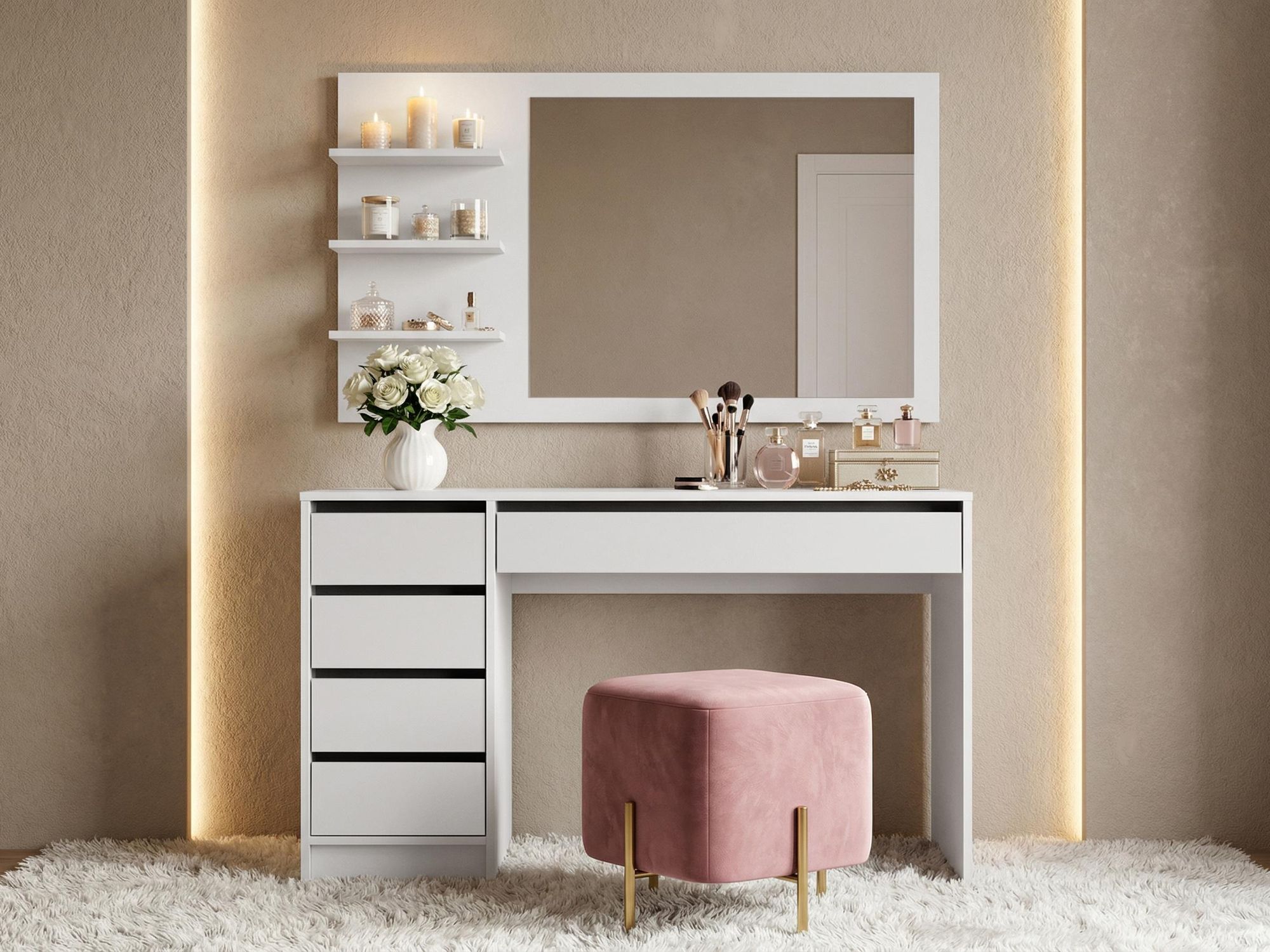 BEAUTYSOFA | Schminktisch MALTA Weiß 120 cm mit Spiegel und 5 Schubladen – rechts oder links montierbar, Moderner Frisiertisch, ohne Griffe