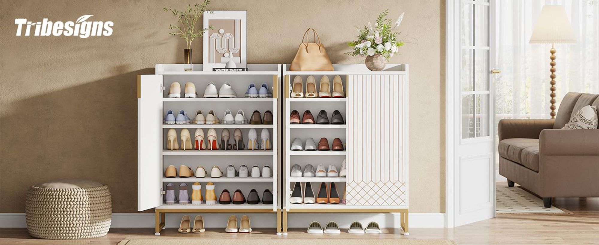 Tribesigns Schuhschrank mit 2 Türen, 75x35x105cm, Schuhregal Schuhkommode für 25 Paare, Schuhschrank weiß mit goldenem Metallrahmen, Schrank Flur Weiß