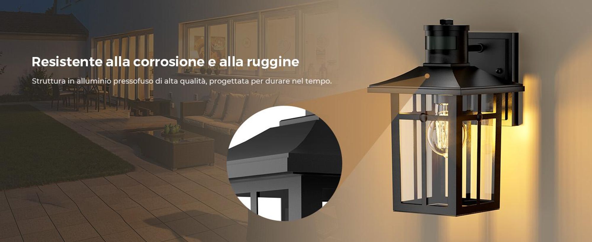 S'AFIELINA lampada da esterno con rilevatore di movimento, IP44, lampada da parete E27 per terrazza, parete di casa, luce esterna nera, 1 pezzo
