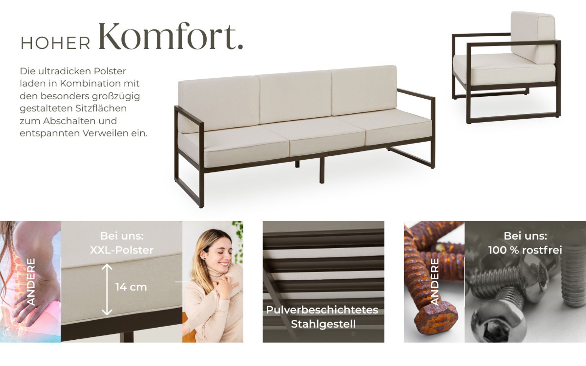 tectake® Garten-Loungesofa Comosa, 3-Sitzer, XXL-Polsterung