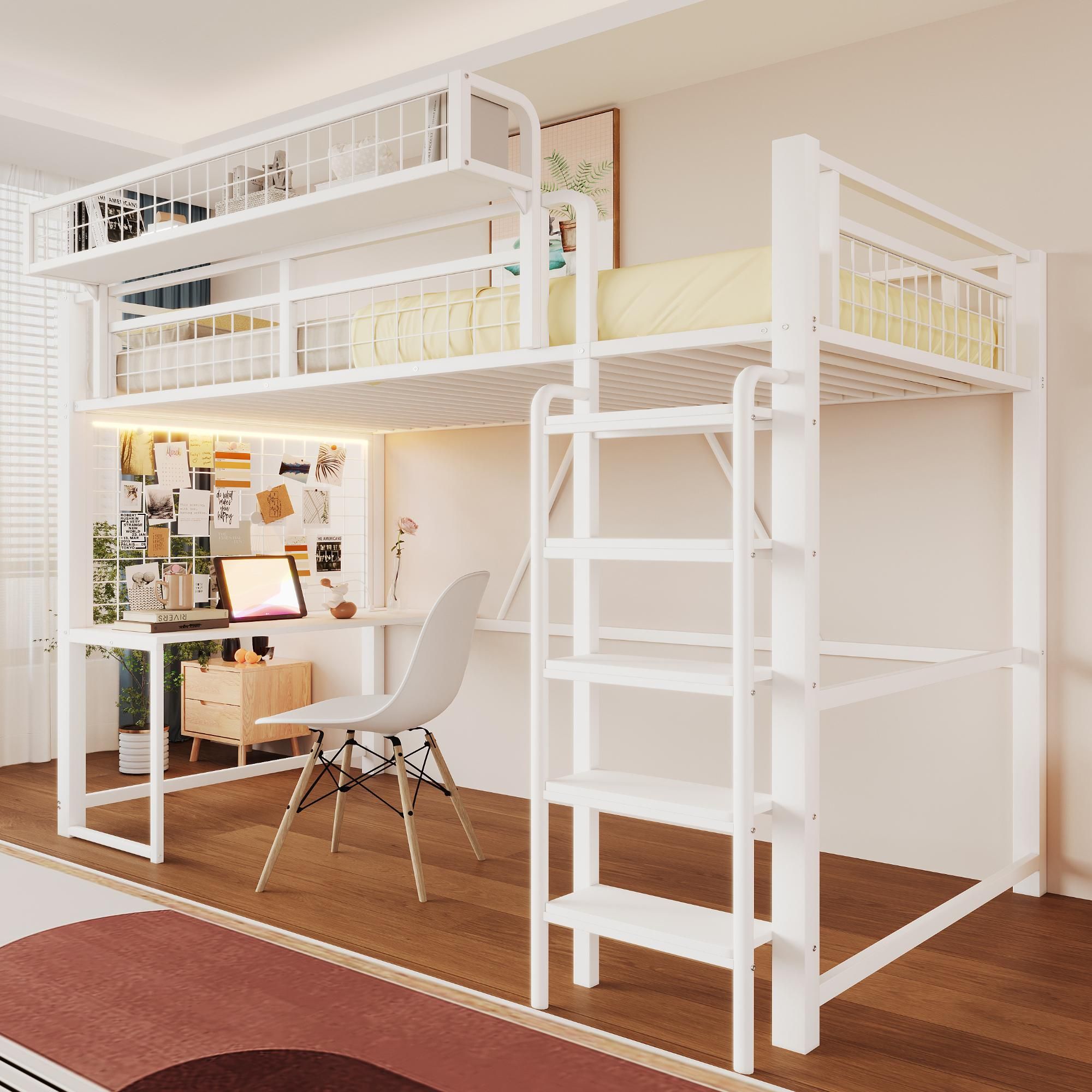 Merax Hochbett Etagenbett 90x200 mit Schreibtisch und LED Licht, Kinderbett mit Sicherheitsgeländer, Metallbett mit Steckdose, Aufbewahrungsnetz, Weiß