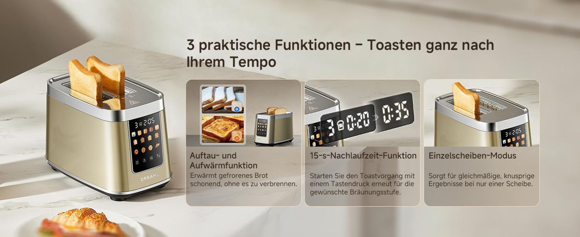 Dreame Smart Toaster 2 Scheiben,5,3-Zoll-IMD-Touchscreen,Motorisiertes Auto-Lift-Design,8 Brotprogramme&6 Bräunungsstufen,3 praktische Funktionen,Gold