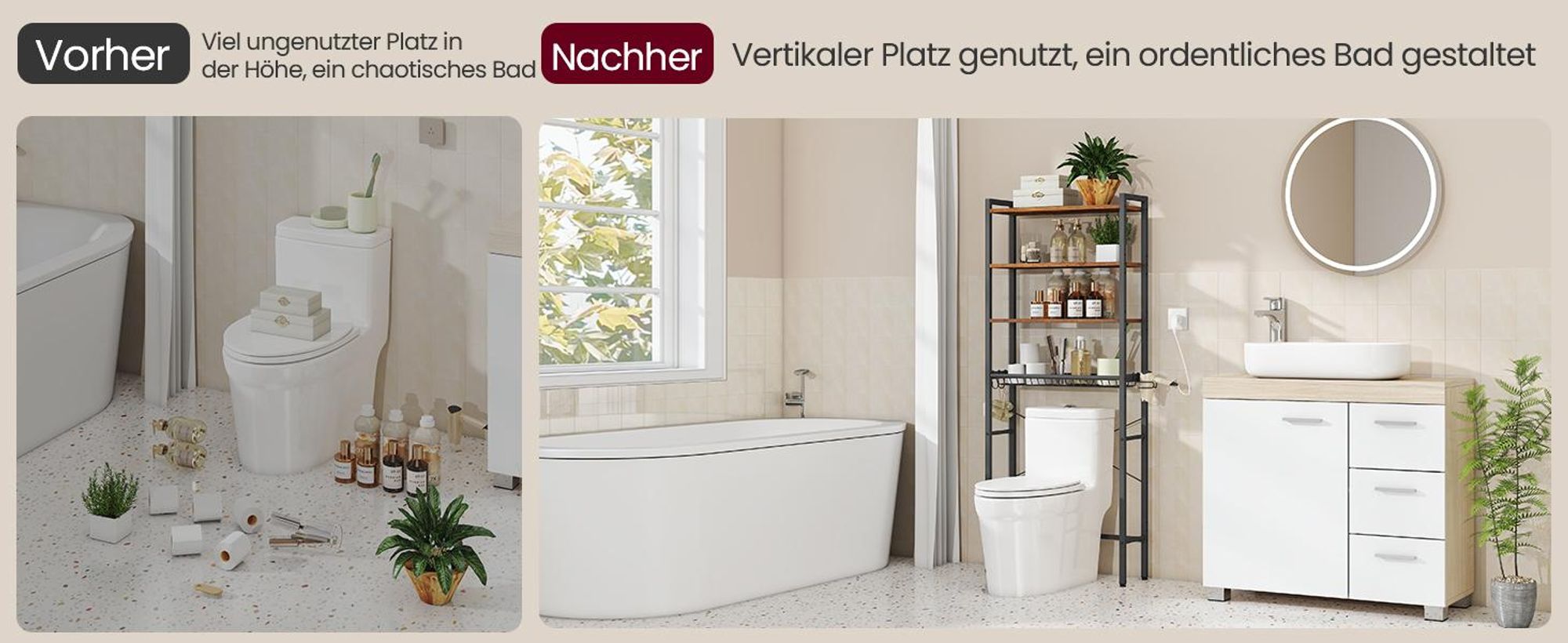 VASAGLE Toilettenregal, Badezimmerregal mit verstellbaren Ablagen, Gitterkorb, Föhnhalter, Haken