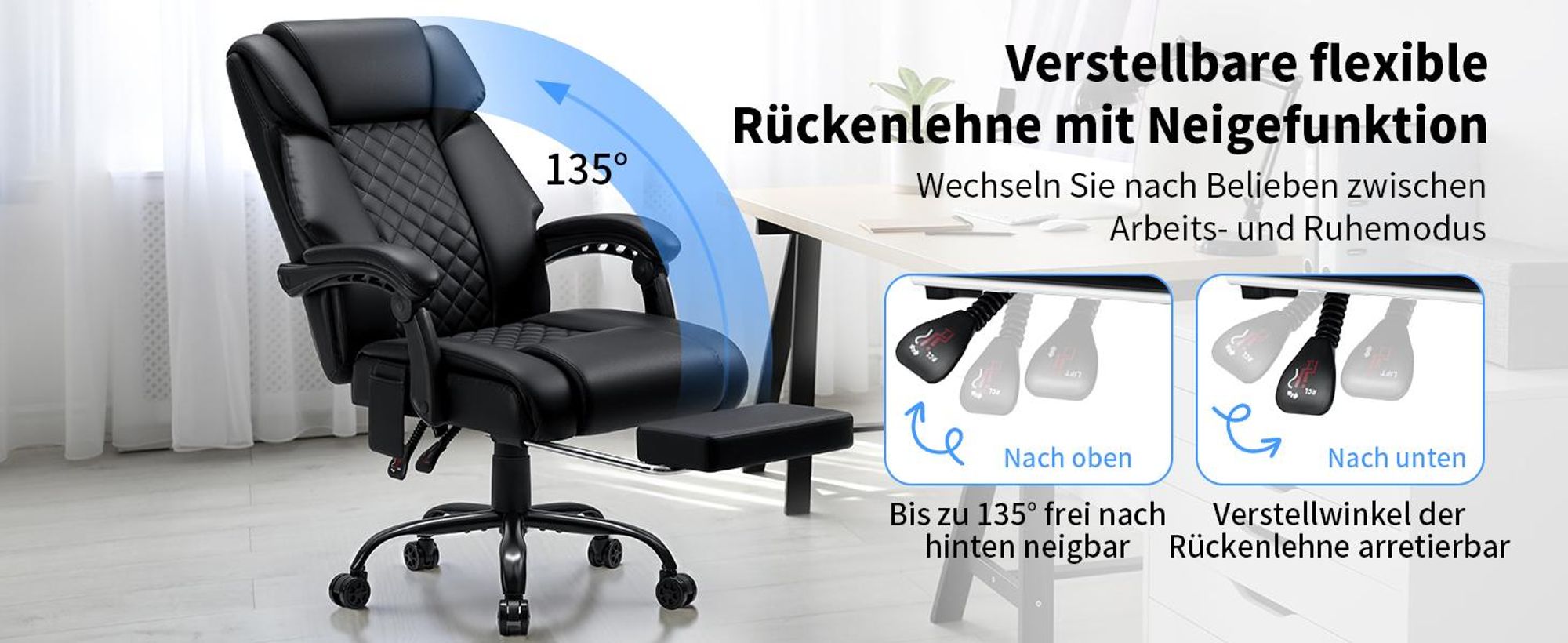 HOFFREE Massage-Bürostuhl mit Wärme & 7 Vibrationspunkten, 180° neigbar, Fußstütze, 200 kg Tragkraft, Chefsessel für große Personen, Schwarz