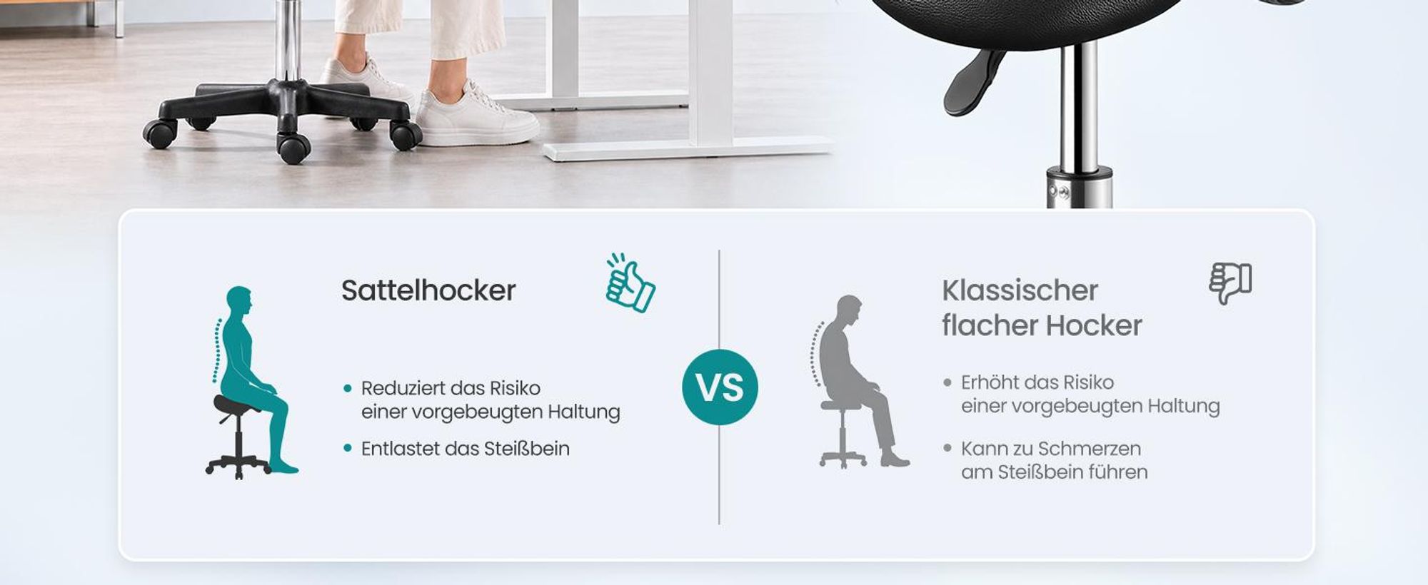 SONGMICS Sattelhocker, Ergonomischer Rollhocker aus Kunstleder, Höhenverstellbar, 56 x 56 x 45-61 cm, Schwarz