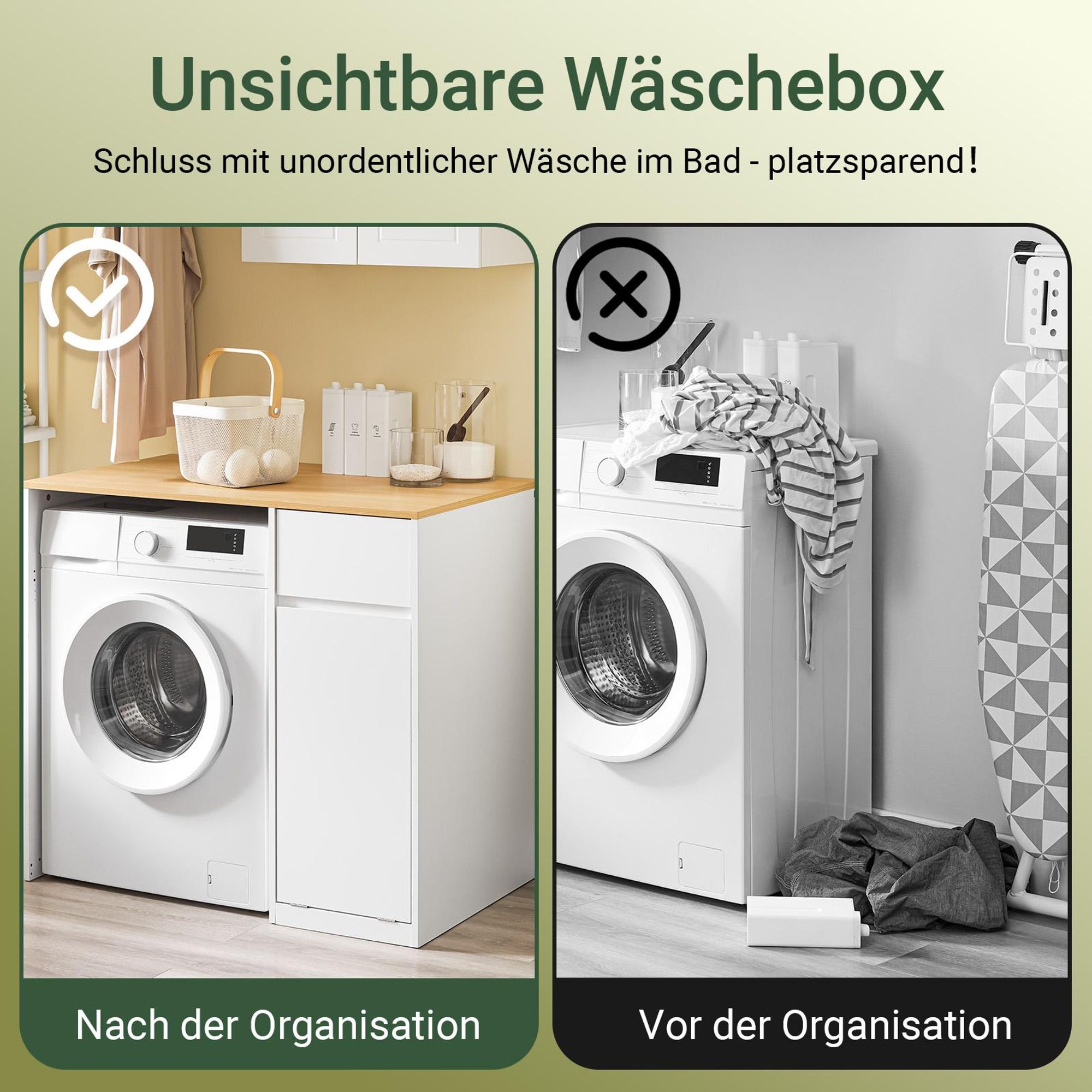 SoBuy Waschmaschinenschrank mit Wäschekorb und Schublade, 100x60x90 cm | Schrank für Waschmaschine & Trockner mit Stauraum, Weiß-Natur BZR217-WN