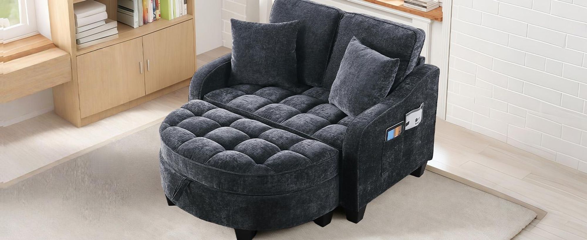 MODFU Multifunktionales Sofa Schlafsofa mit Aufbewahrungs-Hocker,Relaxsofa mit rutschfeste Kunststoffbeine,Schwarz