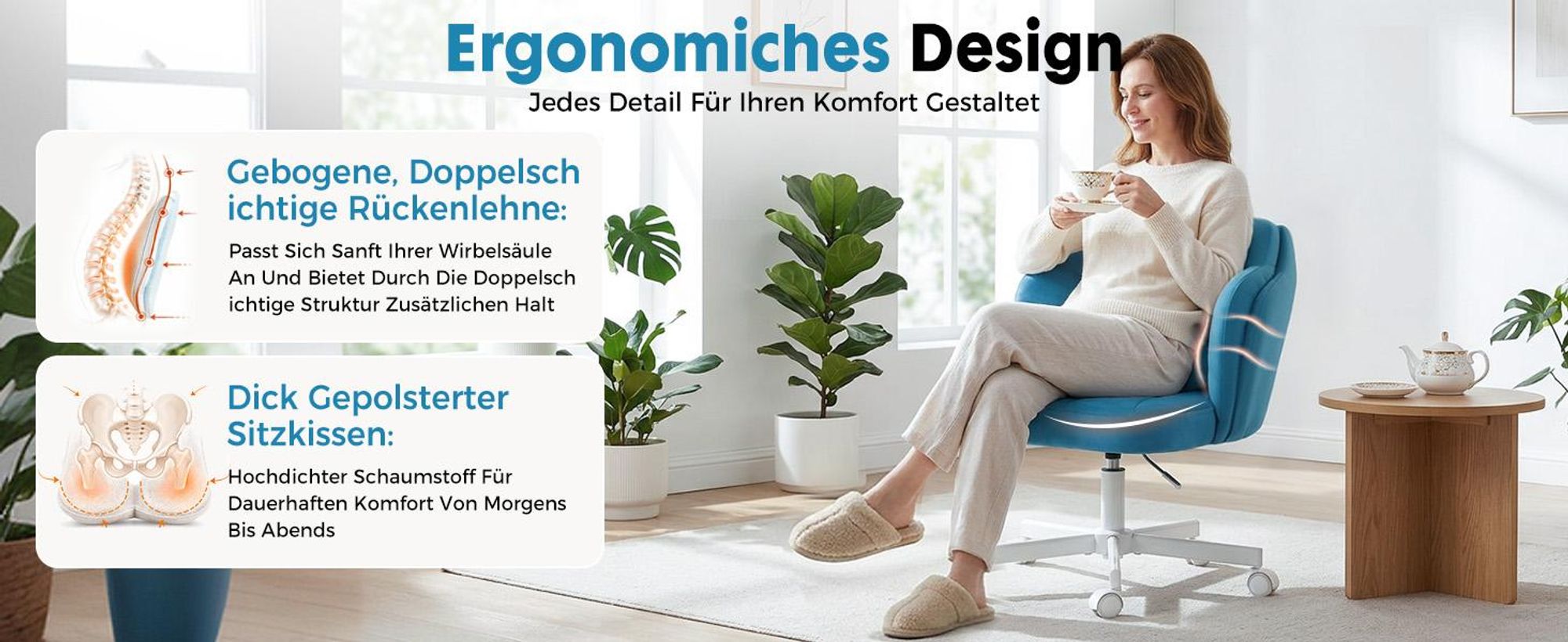 COMHOMA Schreibtischstuhl Schminkstuhl Bürostuhl mit Rollen Doppelter Rückenlehne und Wolkenkissen, Höhenverstellbarer Drehstuhl, Samt, Blau