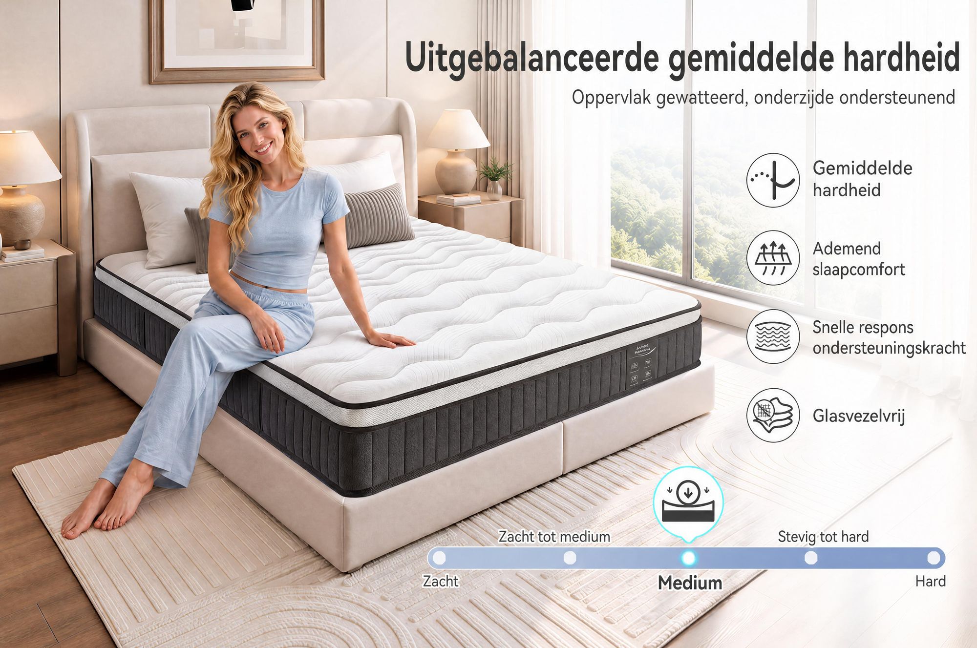 Matras 180x200 cm, 22 cm dik, met geïntegreerde toplaag. 7-zone pocketveringmatras, hardheid H3/H4