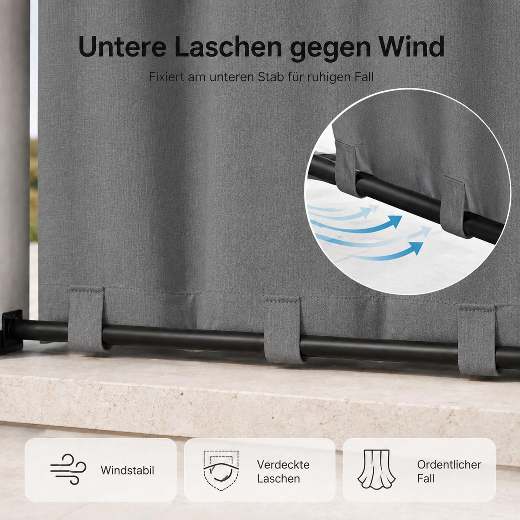 Outdoor Vorhang mit Ösen Grau 254 x 244 cm Winddicht Thermo Gardine Extra Breit 100% Verdunkelung UV Schutz Blickdicht Balkonvorhang für Pavillon Terrasse