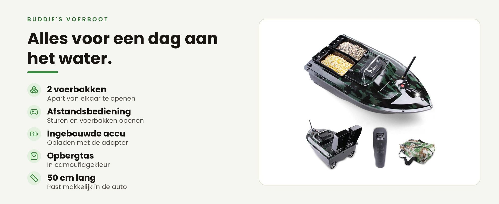 Buddie's voerboot met 2 voerbakken, afstandsbediening, accu en opbergtas