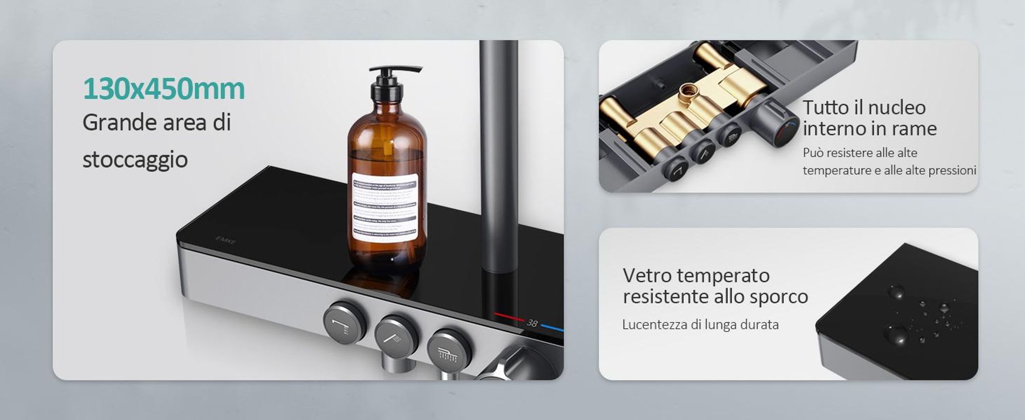 Sistema doccia EMKE con termostato 1146x450x480mm mensola in vetro doccetta con 3 modalità di getto doccia a pioggia, rubinetteria per vasca e doccia, KTW, antracite opaco F10