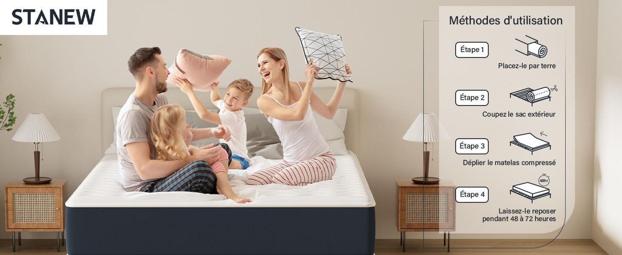 Stanew Matelas 90x200, Mousse 32 cm et Matelas Mousse à Mémoire de Forme,Parfait Soutien Haute Resil,Respirant,7 Zones,Réversible à Deux Faces