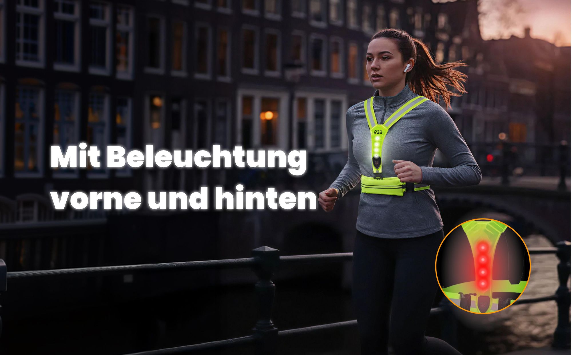 R2B Laufweste mit Licht, USB C aufladbar, reflektierend, mit Tasche, Lauflicht für Damen und Herren, Grau