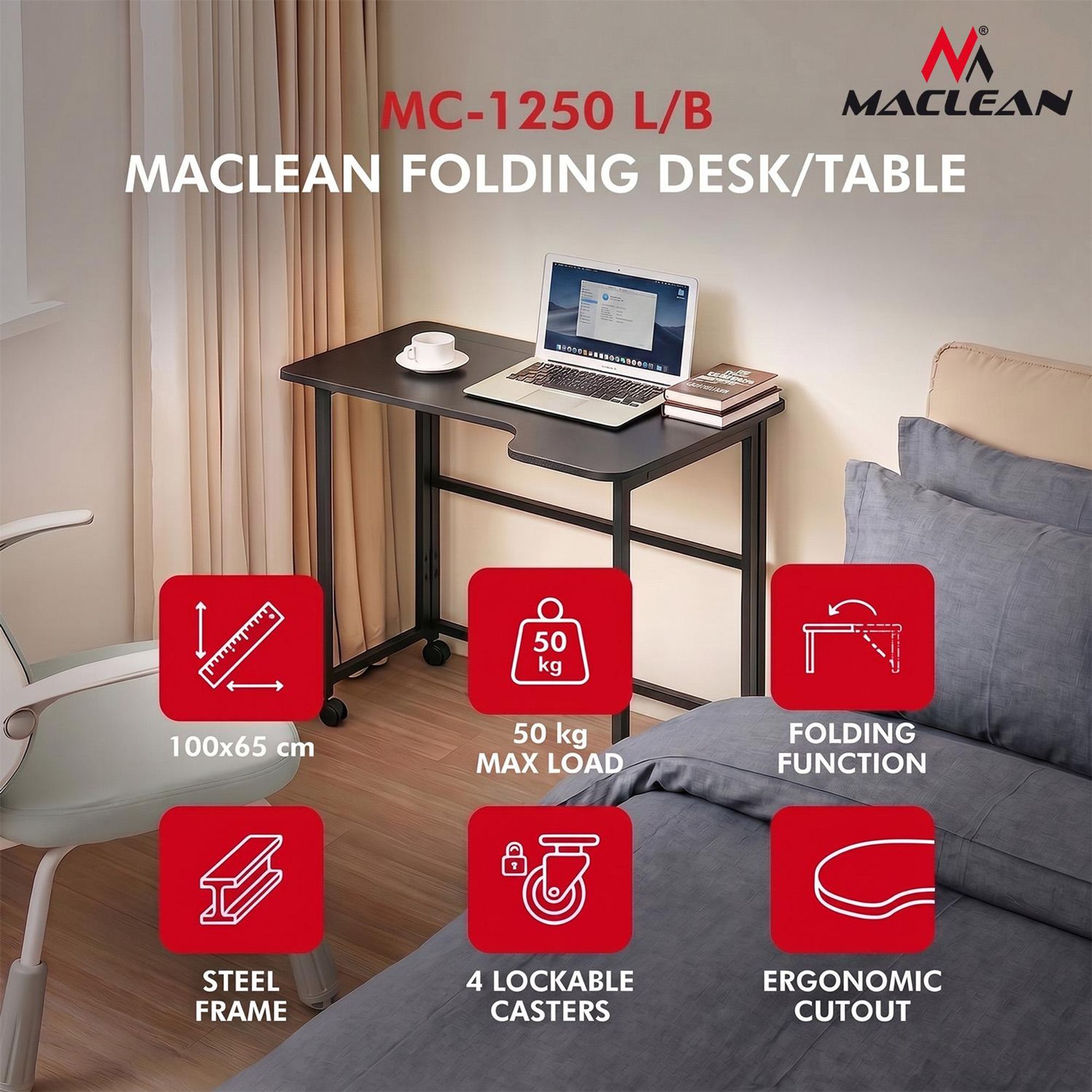 Klappbarer Schreibtisch „Maclean“ schwarz fahrbar 100 x 65 cm max. 50 kg eckig L-Form MC-1250 L/B