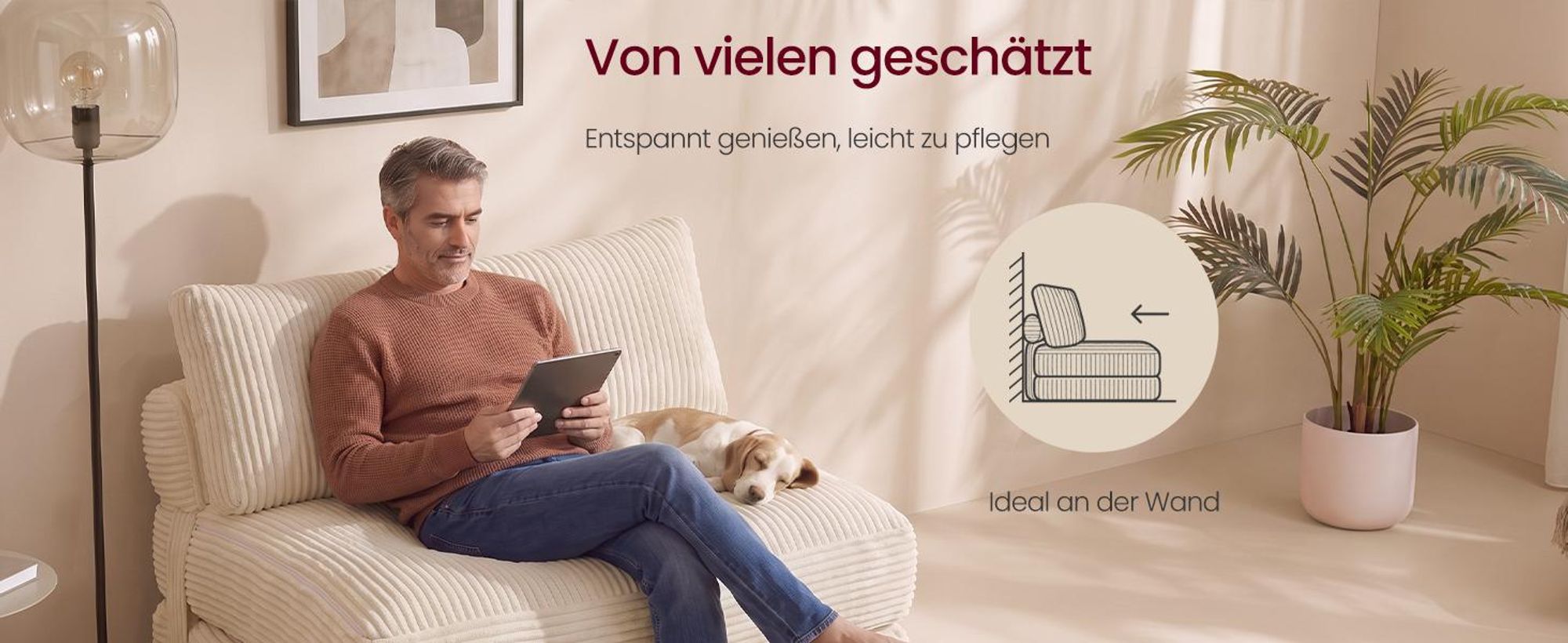 VASAGLE Faltbarer Schlafsessel aus Cord und Schaumstoff, Sofabett mit Kissen, 89 x 89 x 78 cm / 89 x 195 x 43 cm, Weiß