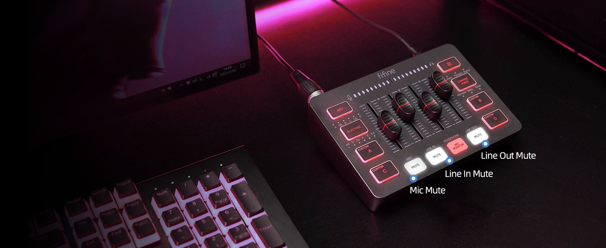 FIFINE Gaming Audio Mixer Streaming RGB PC Mixer mit XLR Mikrofon Interface, Schwarz