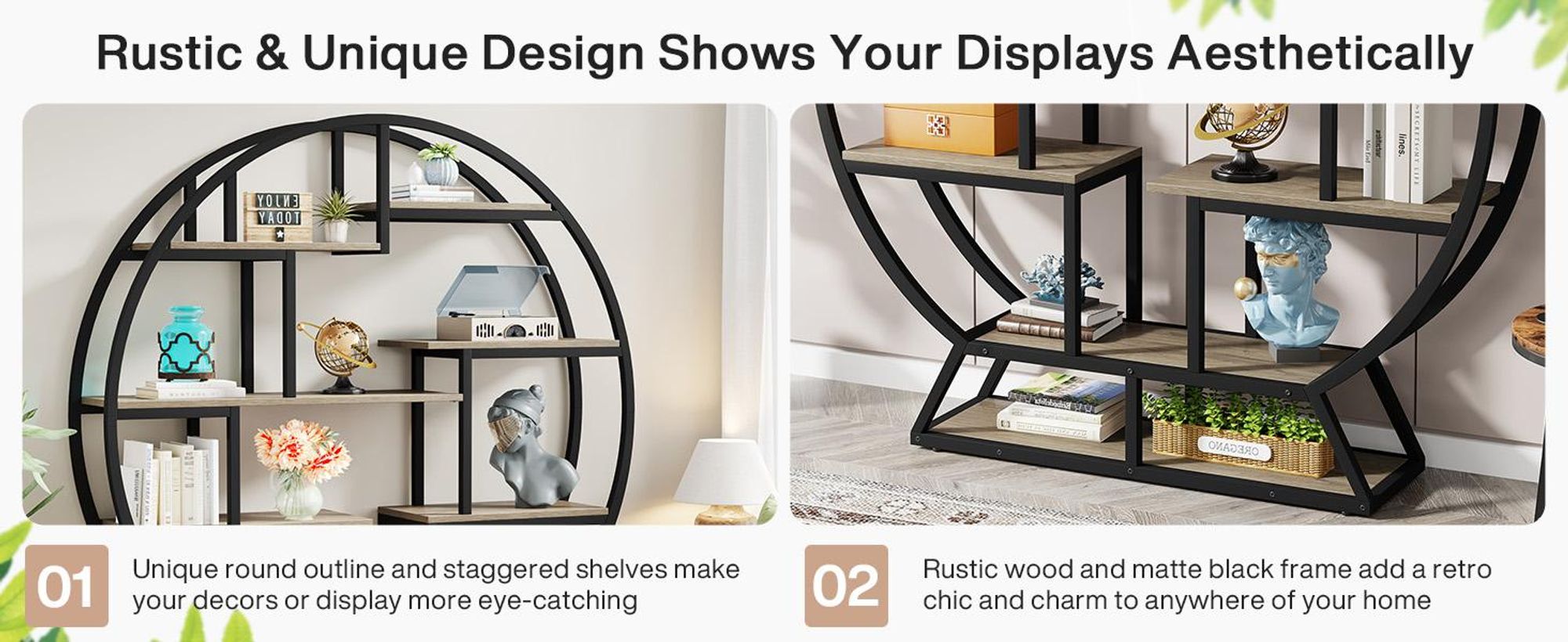 Tribesigns Bücherregal, rundes Bücherregal, Etagere-Bücherregal, 160 cm großes Bücherregal aus Holz im Industriestil mit versetzten Regalböden, Grau