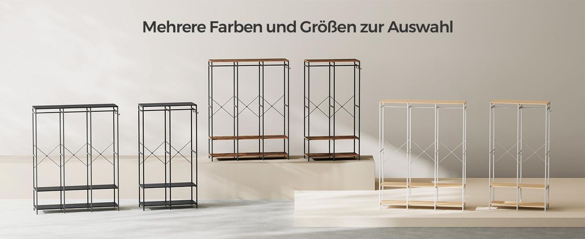 SONGMICS Kleiderschrank offen, Garderobenständer mit Kleiderstange, Ablagen, abnehmbare Haken, 40 x 141 x 180 cm, Naturbeige