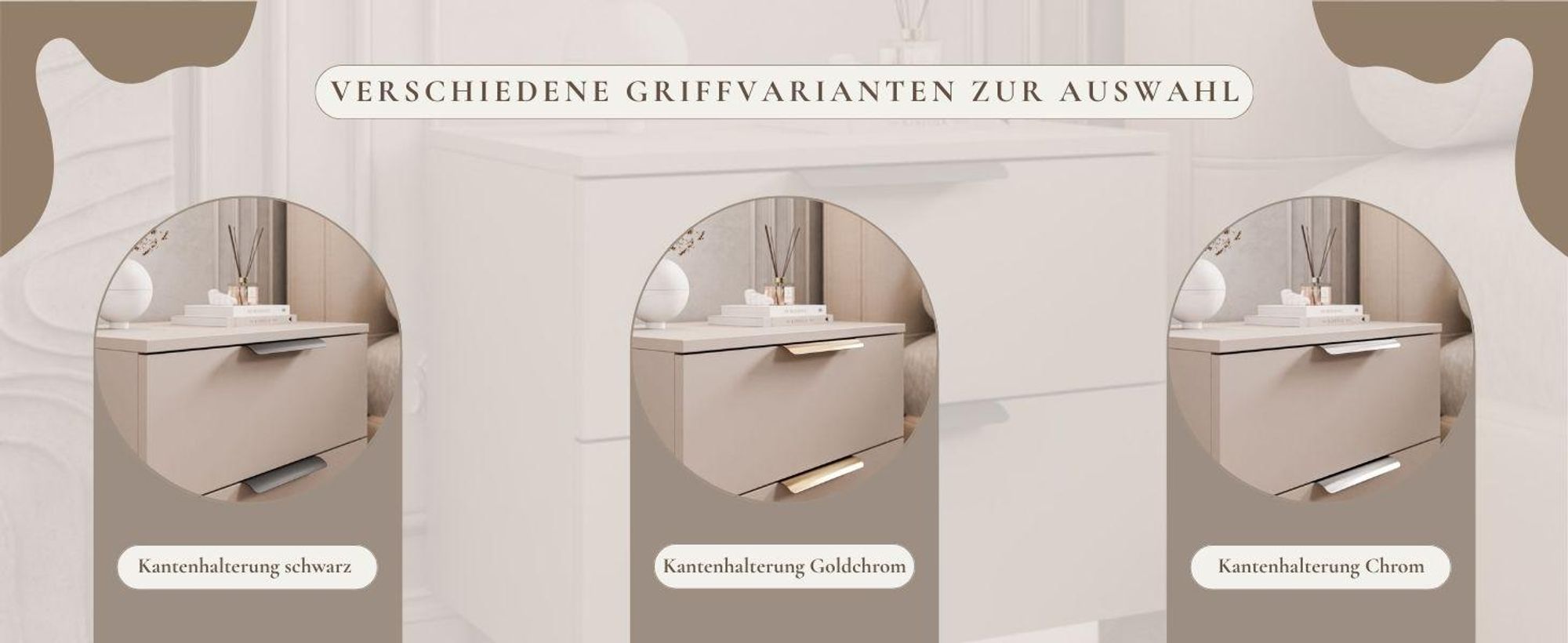 Nachttisch LINA KASCHMIR 2S LED mit goldfarben verchromtem Griffleisten