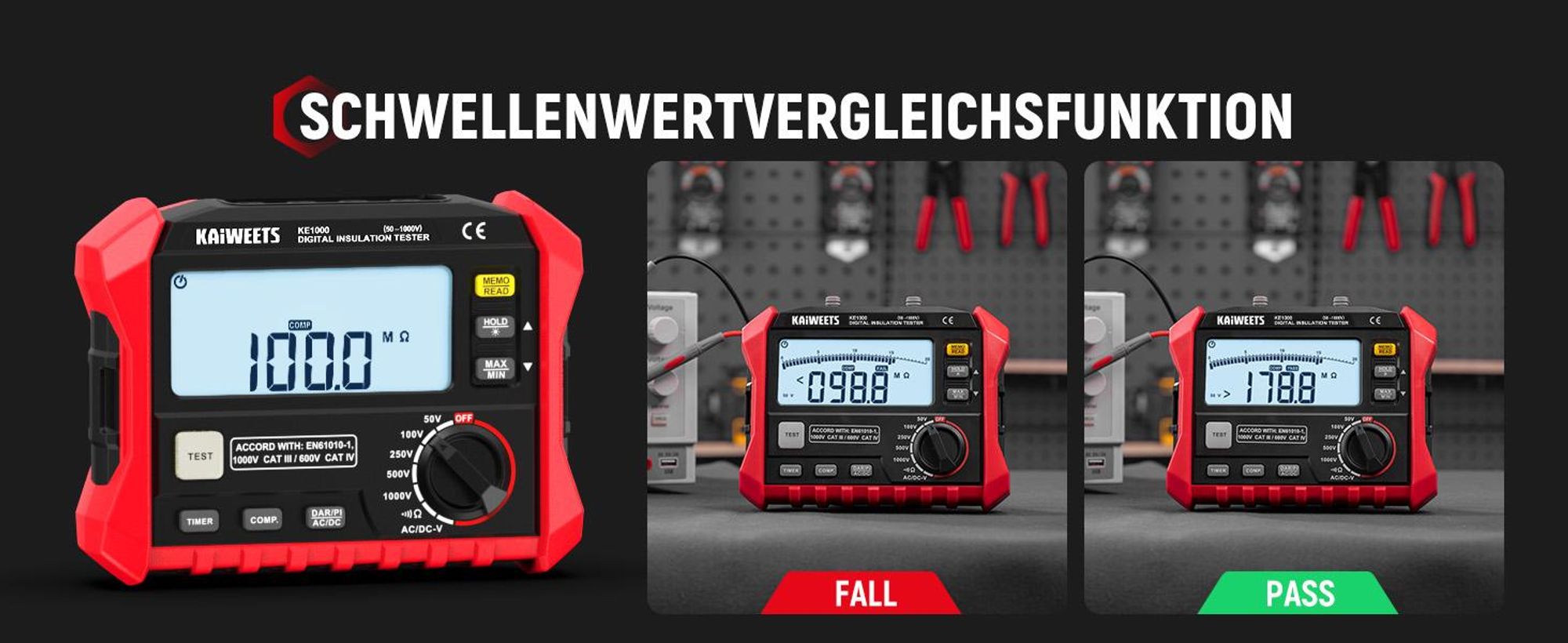 KAIWEETS KE1000 Megohmetro Tester Resistenza Isolamento 100GΩ 1000V