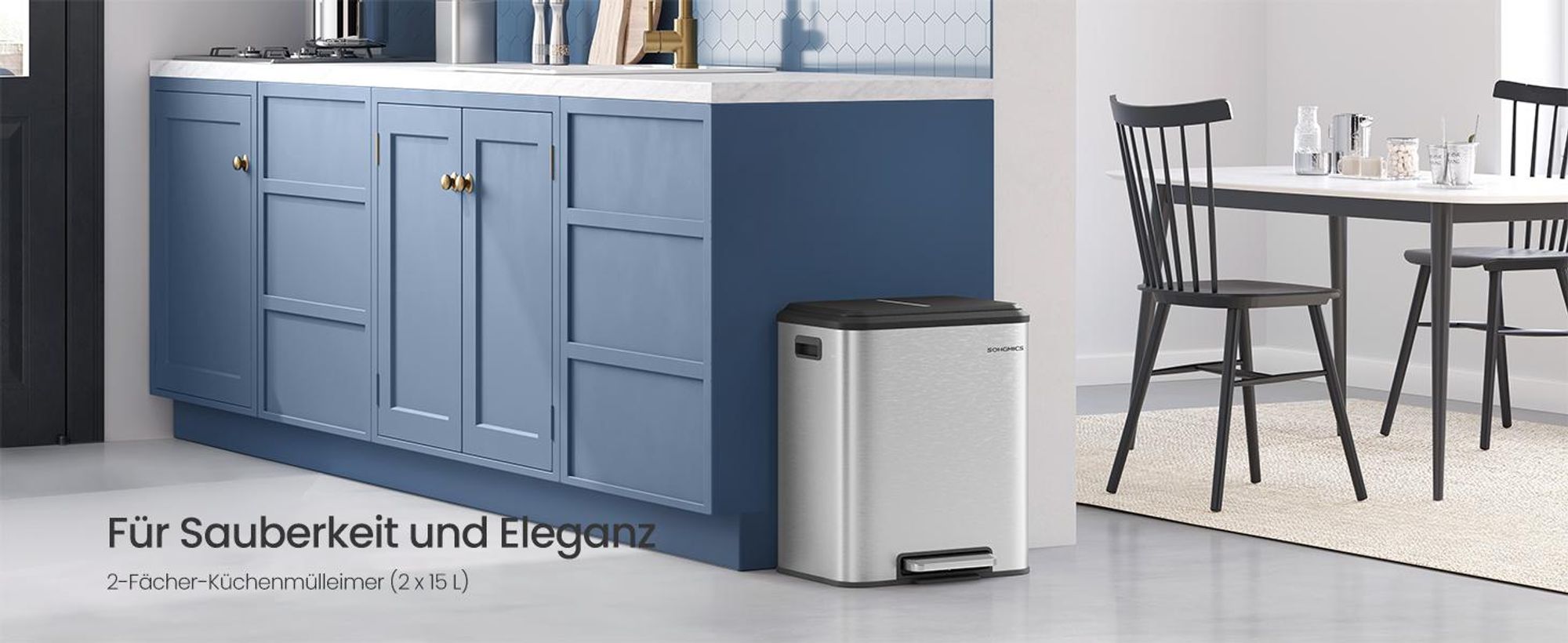 SONGMICS Mülleimer Küche, Mülltrennsystem 2x15L, 2 Fächer,Stahl,Softclose-Deckel
