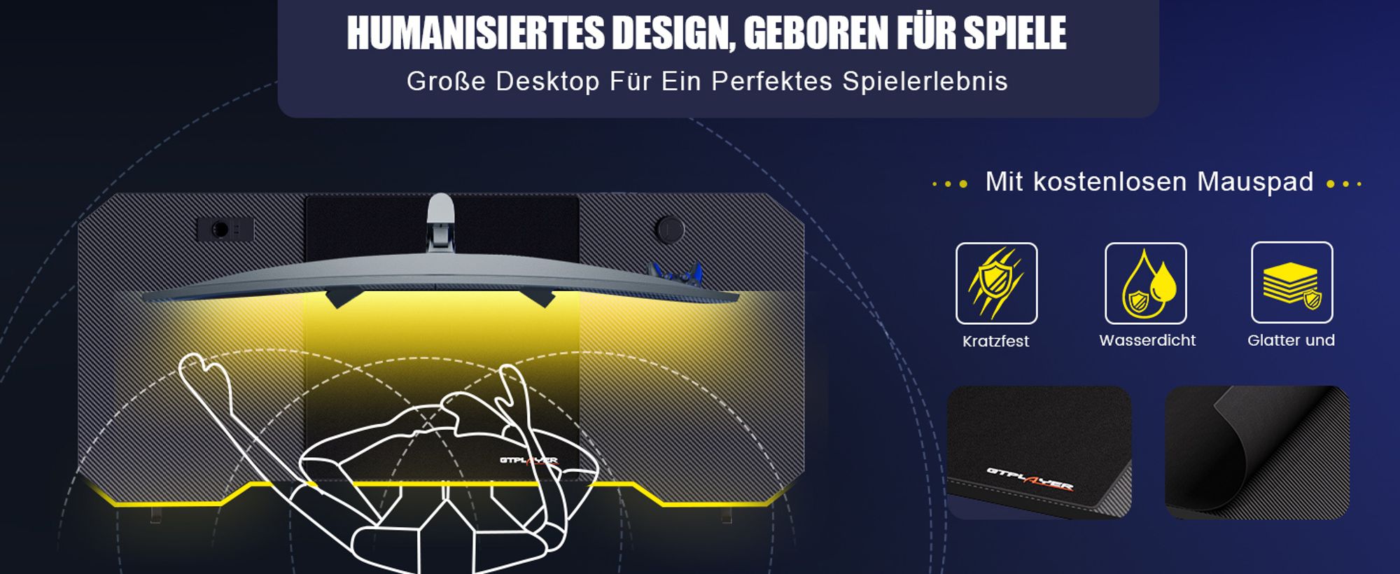 GTPLAYER 120 x 60cm Gaming Tisch, Gaming Schreibtisch mit Mauspad, Steckdose Gamer Tisch Computertisch mit Kopfhörerhaken Schwarz