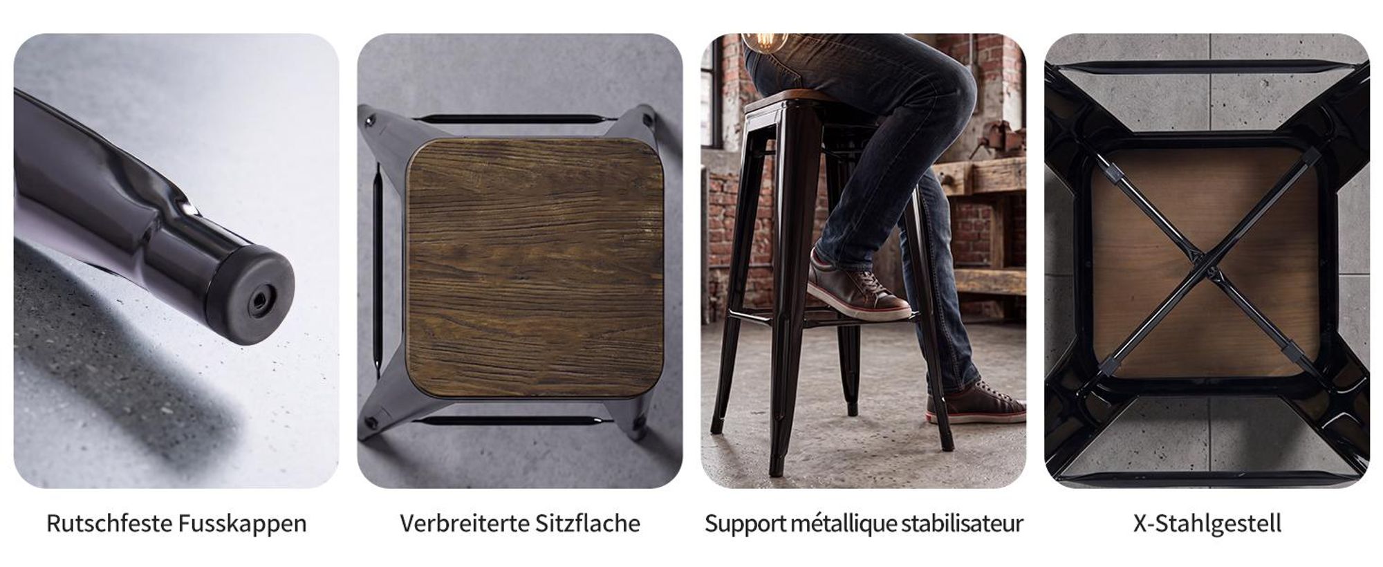 4 tabourets métalliques, couleur au choix, aspect vieilli, assise en bois, tabourets de bar empilables, couleur : noir + bois foncé, matériau : métal