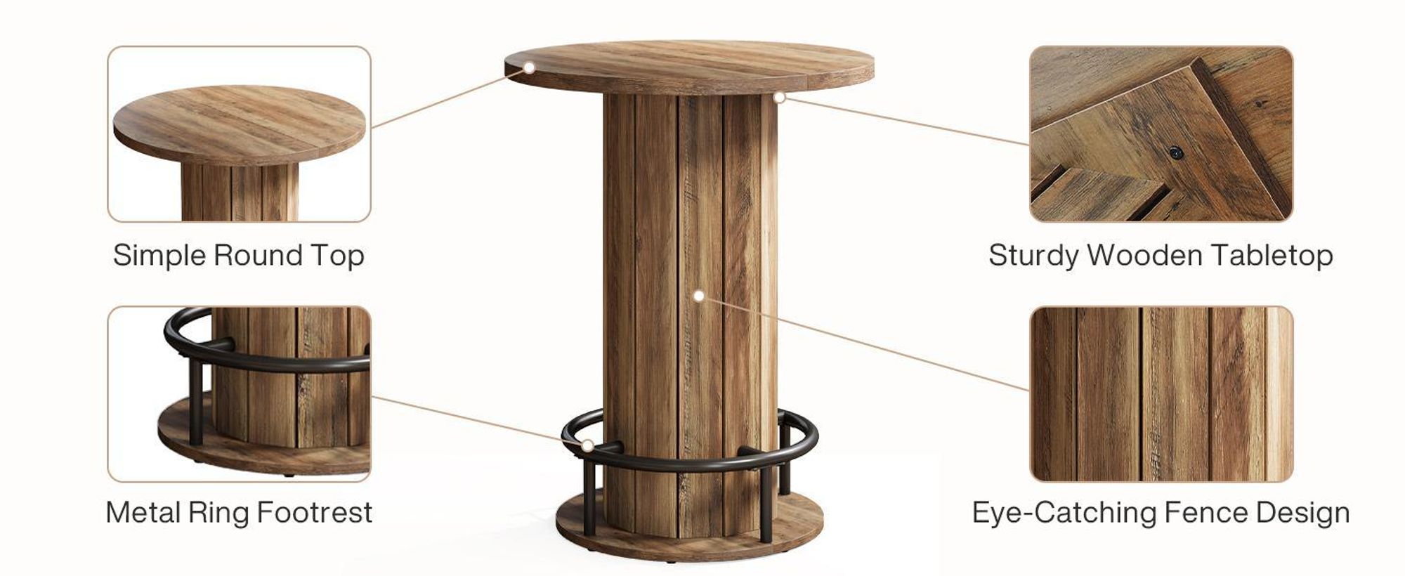 Tribesigns okrúhly barový stôl, výška 100 cm, drevený bistro stôl s kovovou podnožou na krúžky do jedálne, na kávu, na koktaily, do malých miestností, hnedý