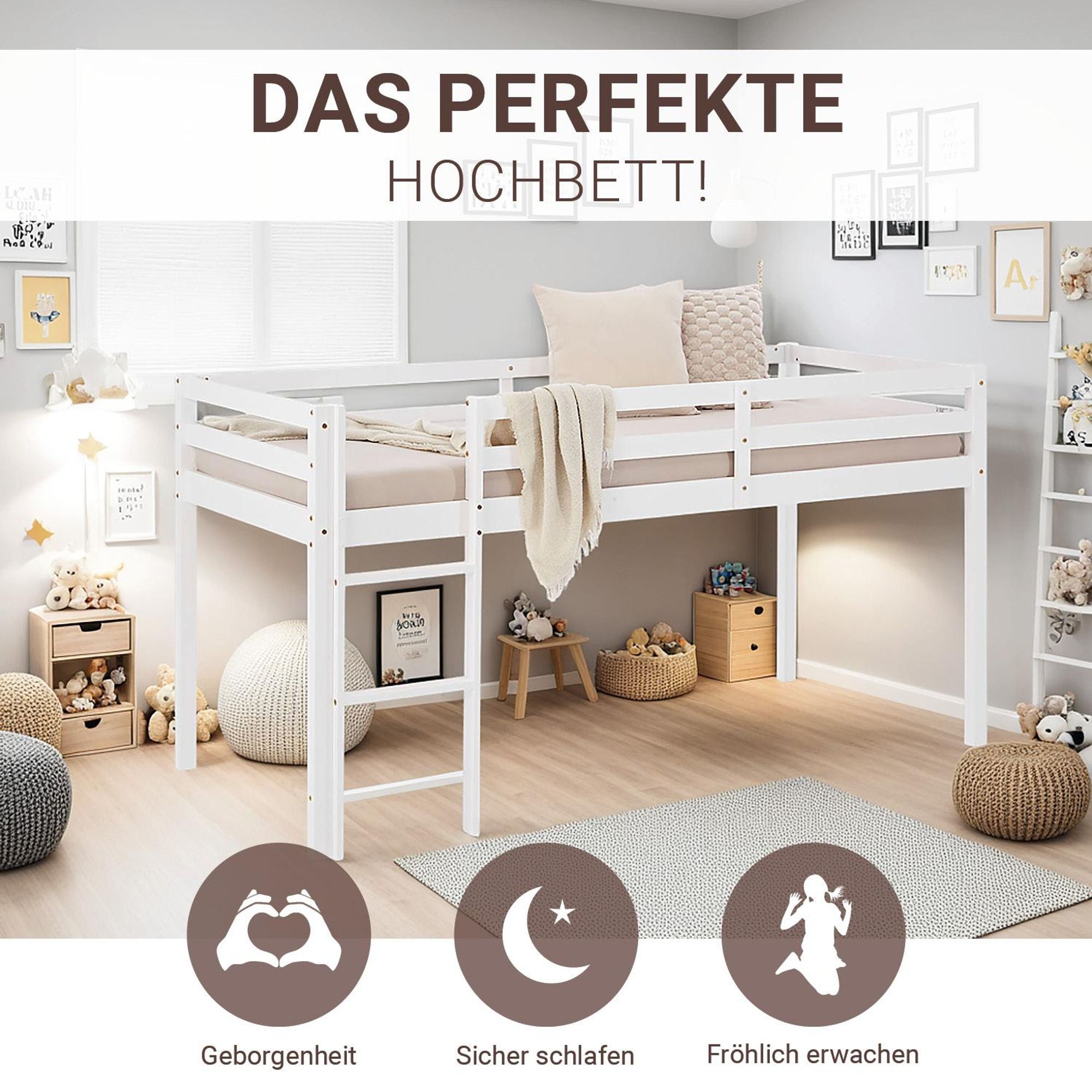 Das Hochbett sorgt für Geborgenheit und einen sicheren Schlaf.