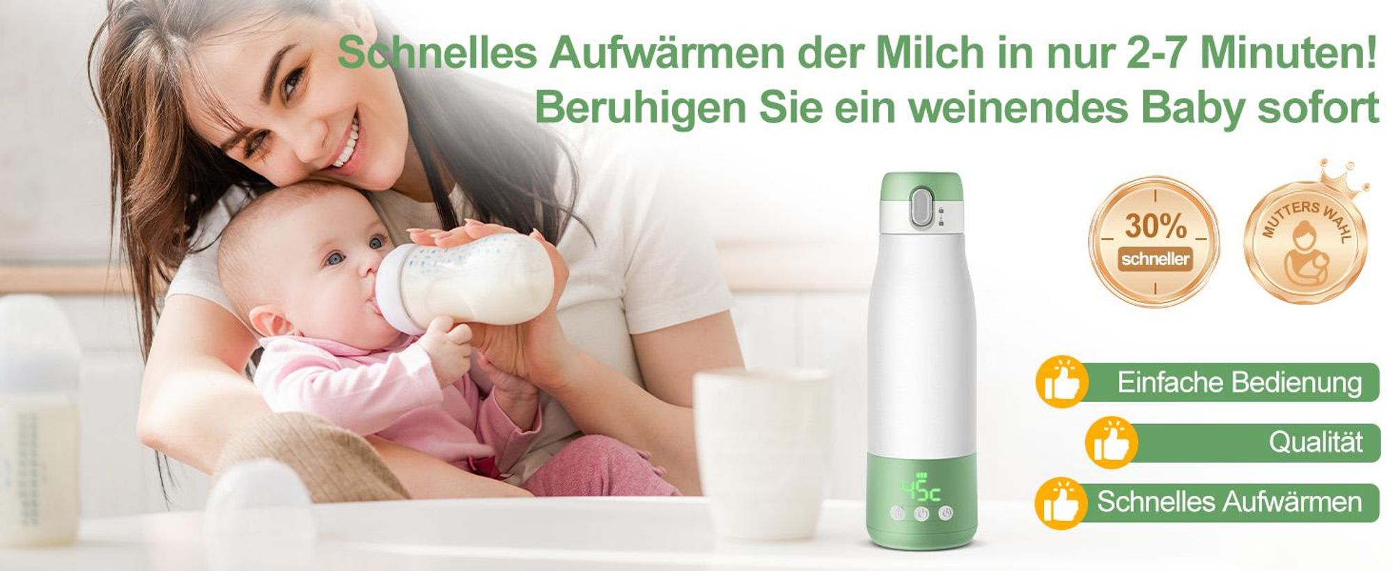 Tragbarer Flaschenwärmer Baby unterwegs für Muttermilch und Wasser, 350ml mit Reinigungsbürste für Reisen, Schnelles Aufheizen, Edelstahl 316, 9000mAh